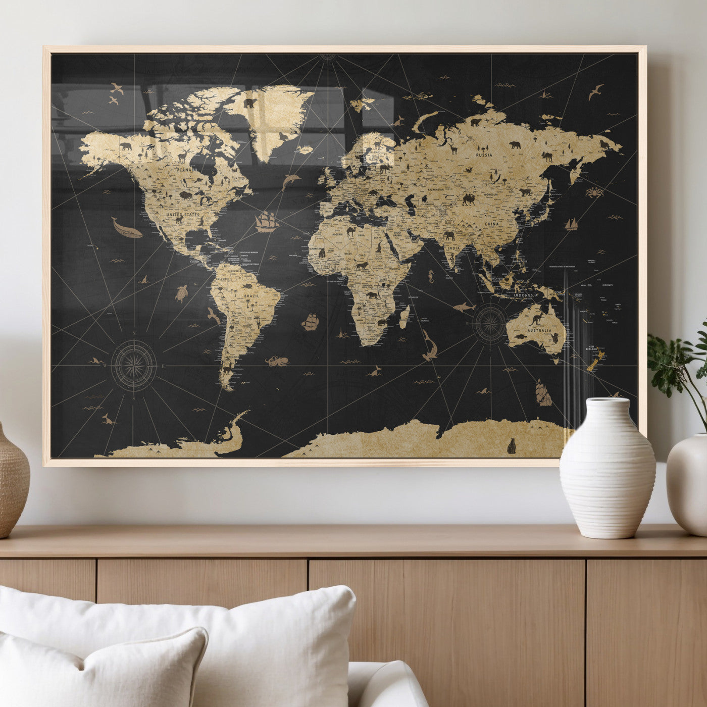 80270976-MGV-CV-36X24 - World Map Wall Art Canvas Print, Modern Decorative Framed Map Artwork Prints for Living Room, Office, Bedroom Wall Decor