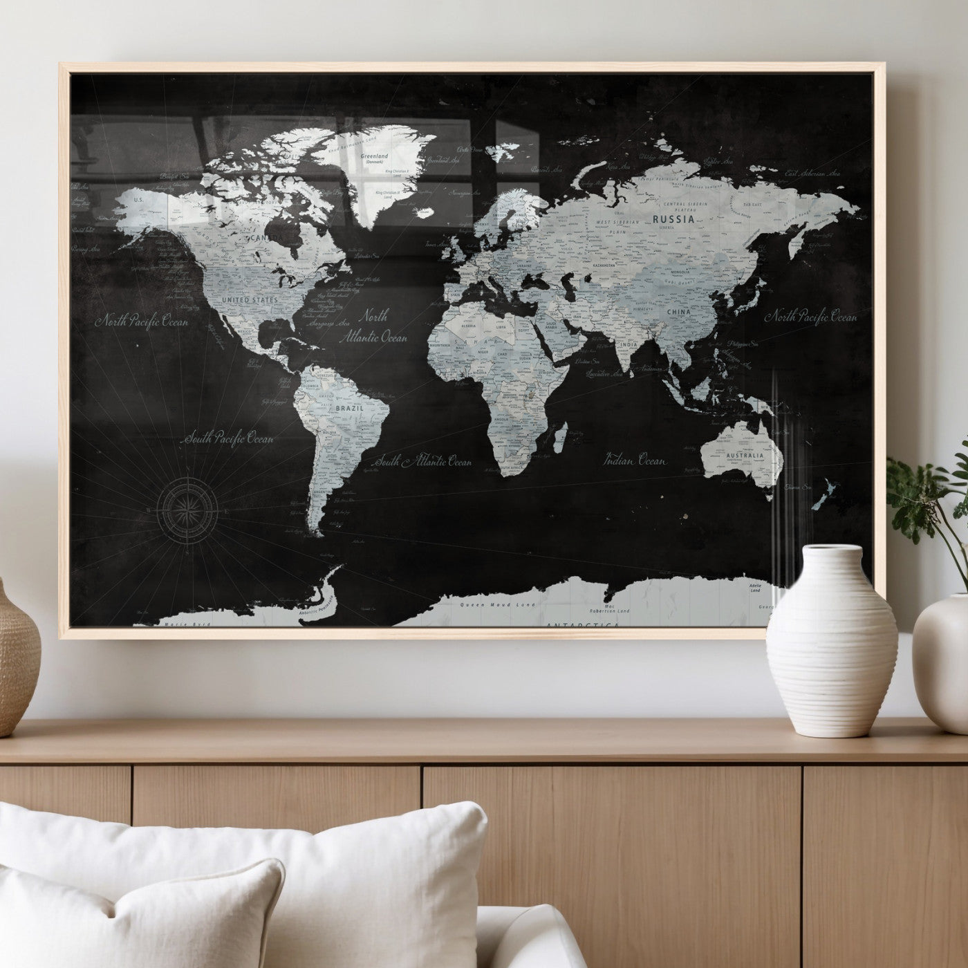28664806-MGV-CV-36X24 - World Map Wall Art Canvas Print, Modern Decorative Framed Map Artwork Prints for Living Room, Office, Bedroom Wall Decor