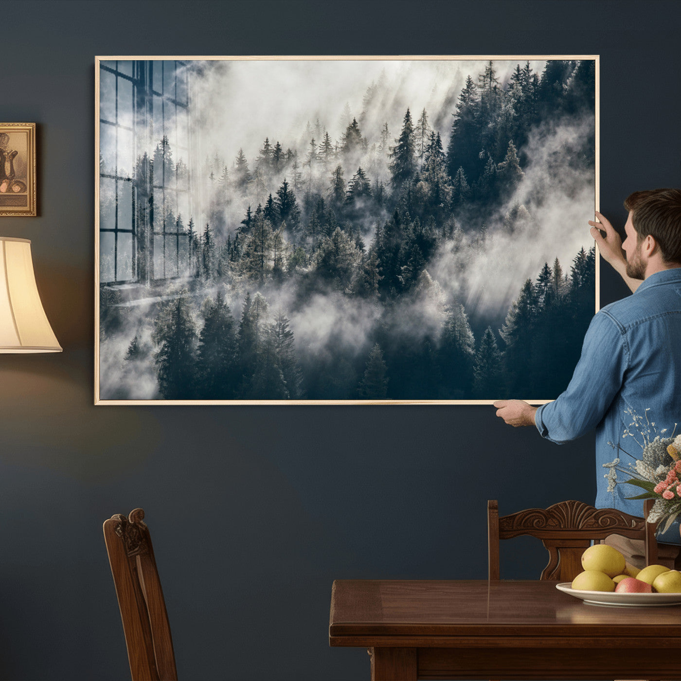 63405824-MGV-CV-36X24 - Foggy Mountain Forest Canvas Print, Misty Pine Trees Nature Wall Art, Framed Canvas Ready to Hang