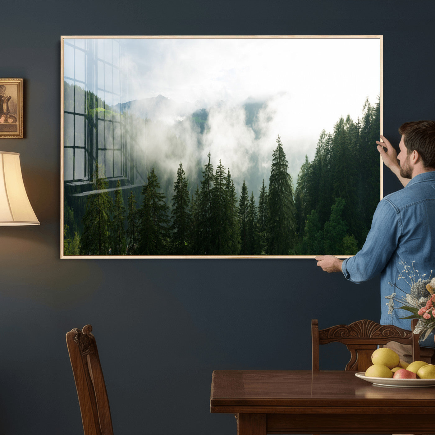 67174129-MGV-CV-36X24 - Misty Mountain Forest Canvas Print, Foggy Pine Trees Nature Wall Art, Framed Canvas Ready to Hang