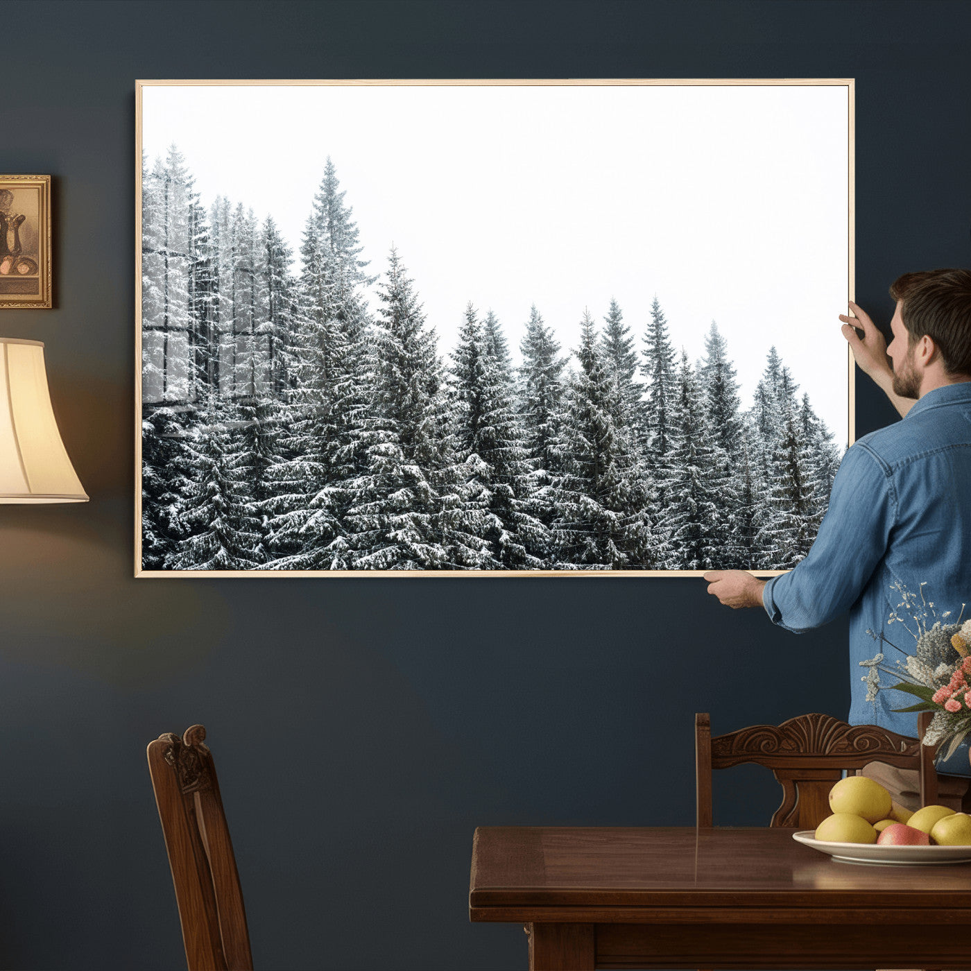 69566941-MGV-CV-36X24 - Misty Mountain Forest Canvas Print, Foggy Pine Trees Nature Wall Art, Framed Canvas Ready to Hang