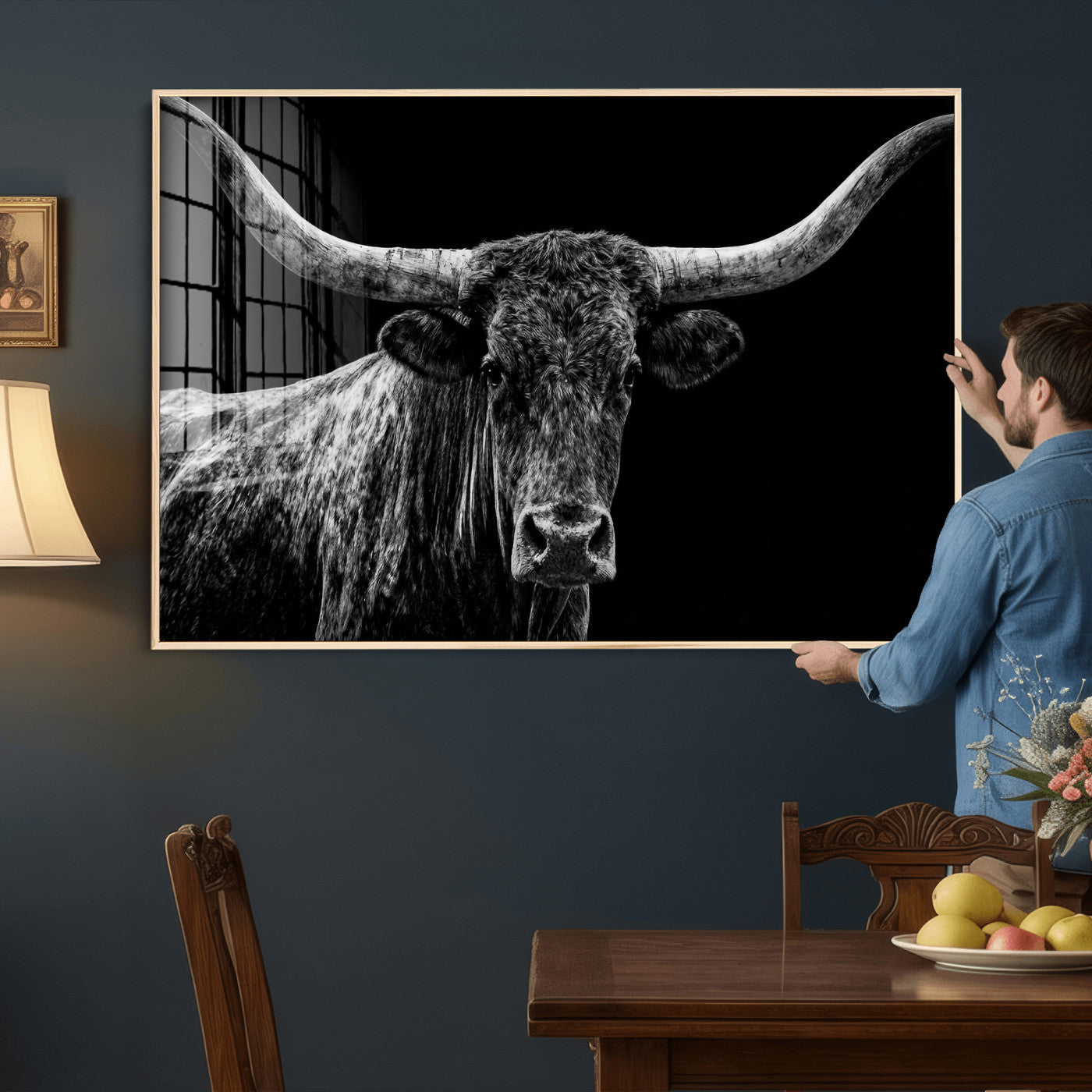 86568508-MGV-CV-36X24 - Vintage Texas Longhorn Bull Wall Art Canvas Print, Texas Cow Portrait Print, Framed Bull Wall Art Ready to Hang