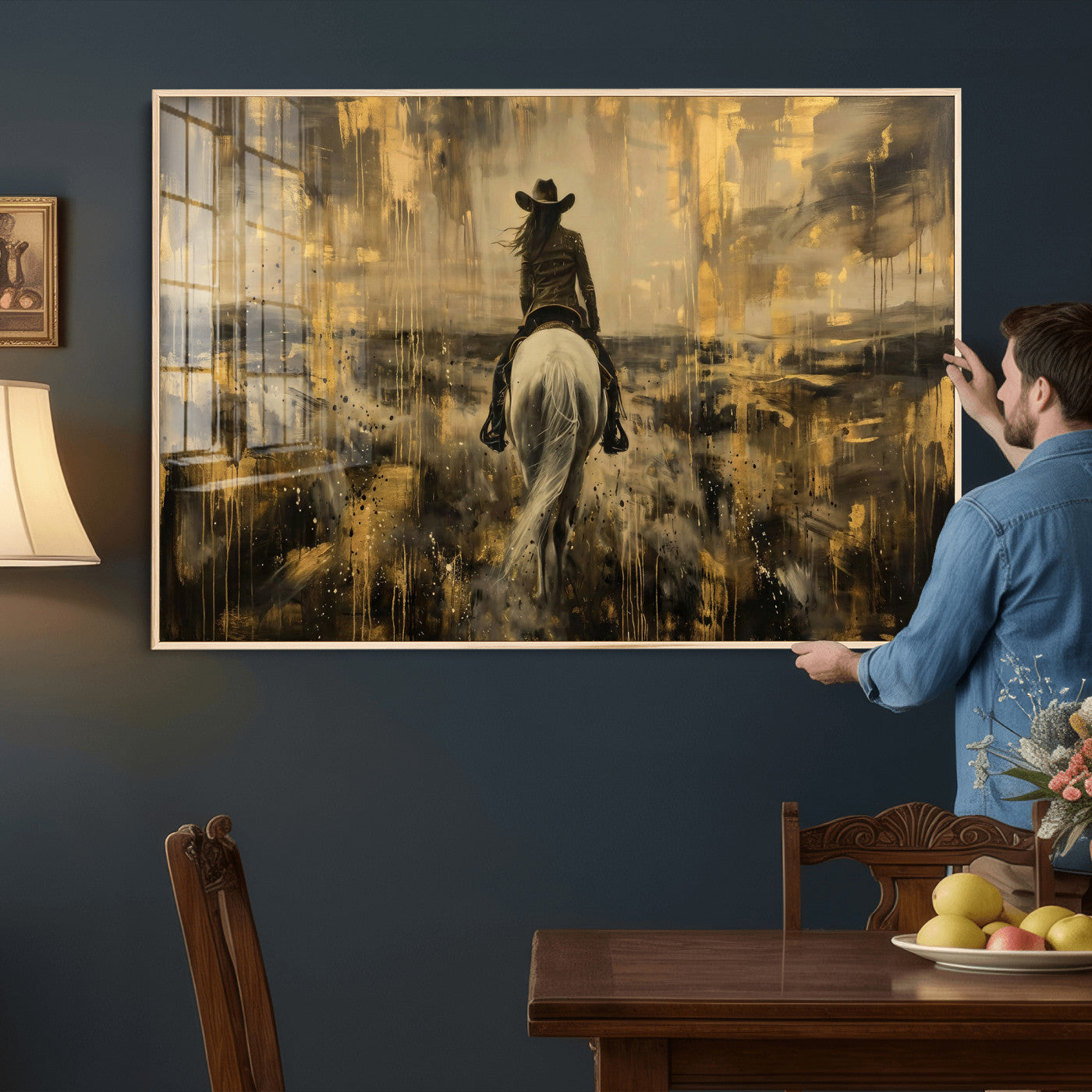 20465530-MGV-CV-36X24 - Cowgirl Wall Art Canvas Print, Western Horse Rider Wall Art, Framed Wall Art Ready to Hang