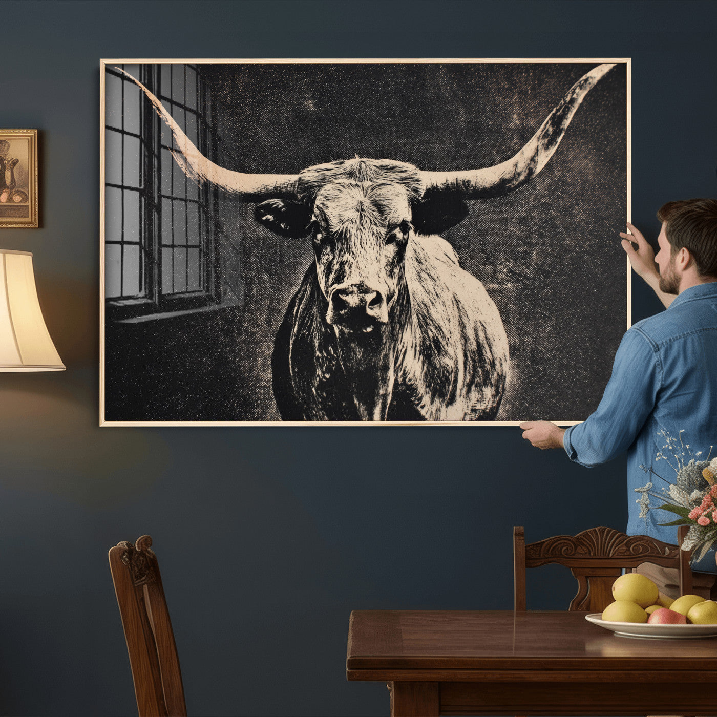 27394218-MGV-CV-36X24 - Vintage Texas Longhorn Bull Wall Art Canvas Print, Cow Portrait Photography Print, Framed Wall Art Ready to Hang