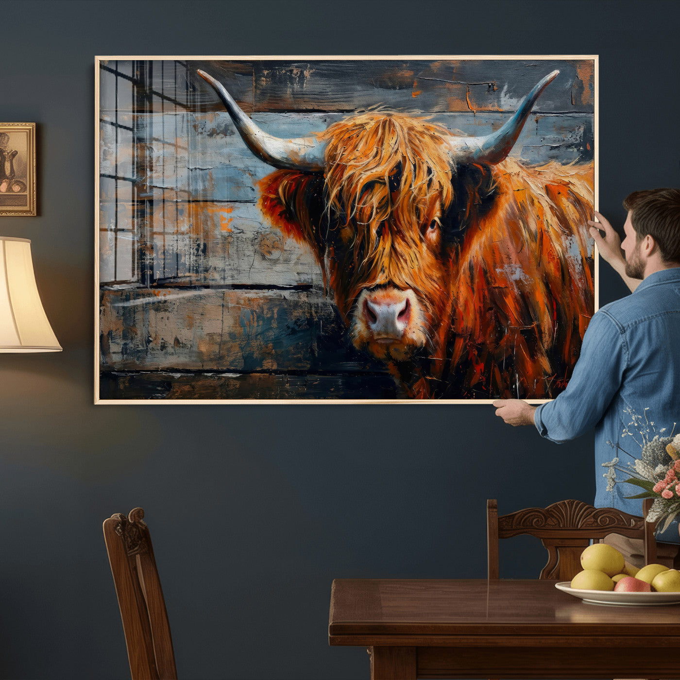 90271423-MGV-CV-36X24 - Highland Cow Wall Art Canvas Print, Abstract Rustic Farm Animal Wall Art Print, Framed Wall Art Ready to Hang