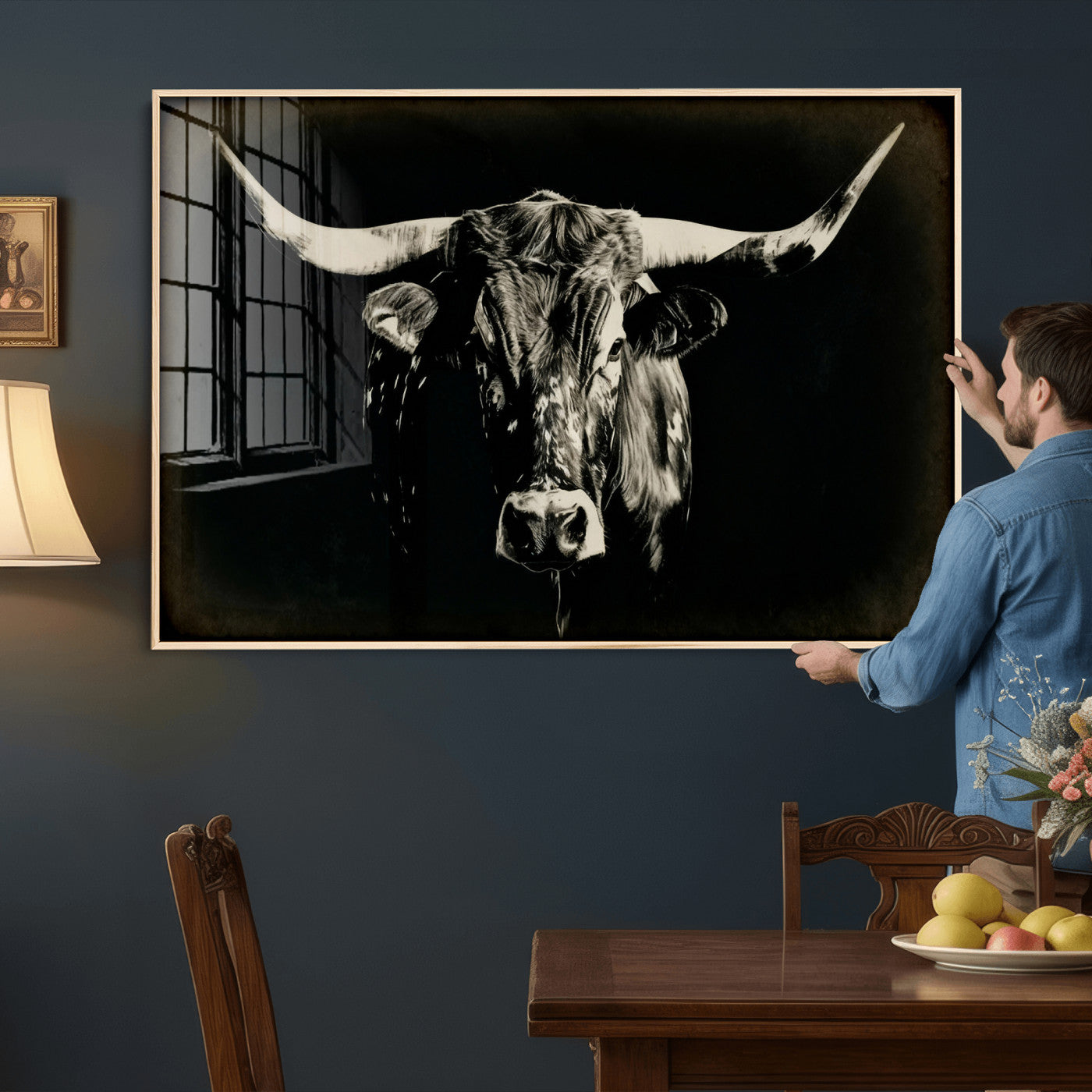 91364114-MGV-CV-36X24 - Black Bull Wall Art Canvas Print, Texas Longhorn Portrait Print, Framed Wall Art Ready to Hang