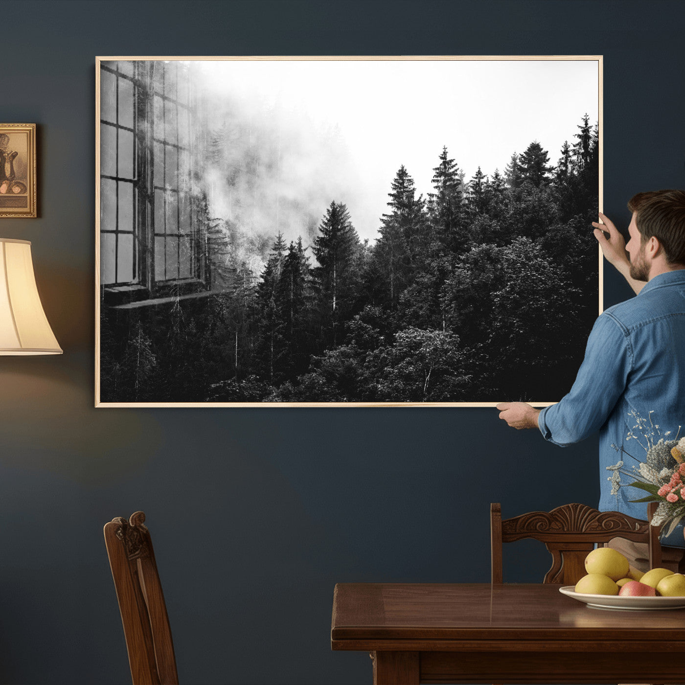 98764151-MGV-CV-36X24 - Black and White Forest Wall Art Canvas Print, Misty Pine Tree Landscape Photography, Framed Wall Art Ready to Hang