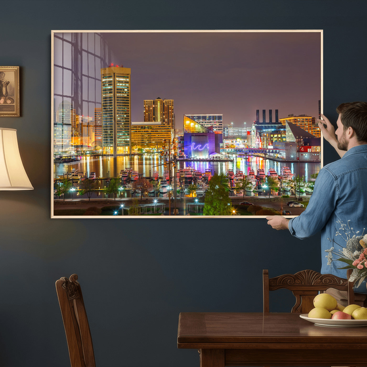 42654823-MGV-CV-36X24 - Baltimore Skyline Wall Art Canvas Print, Baltimore Downtown Night Cityscape Print for Modern Urban Wall Decor