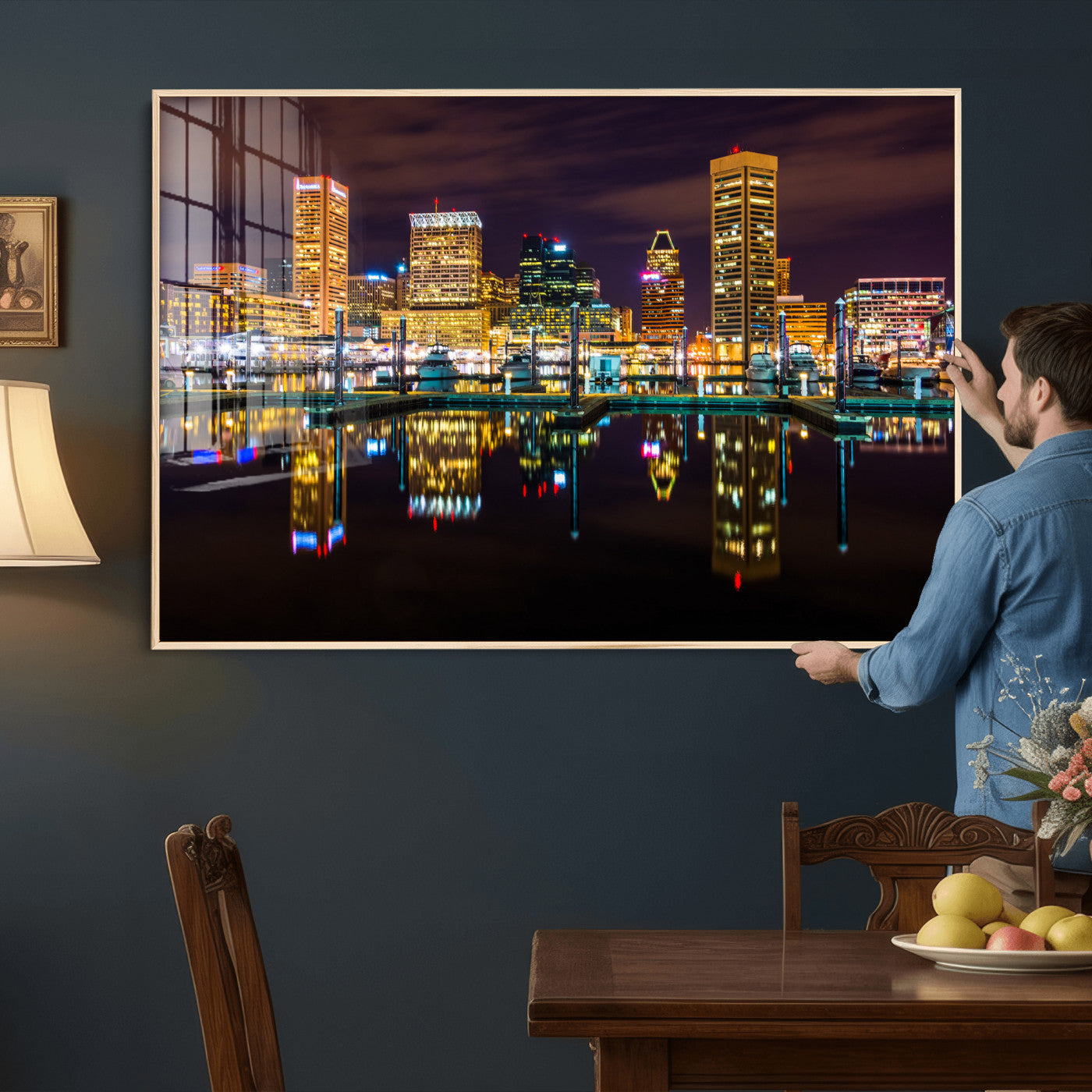 38201692-MGV-CV-36X24 - Baltimore Skyline Wall Art Canvas Print, Baltimore Downtown Night Cityscape Print for Modern Urban Wall Decor