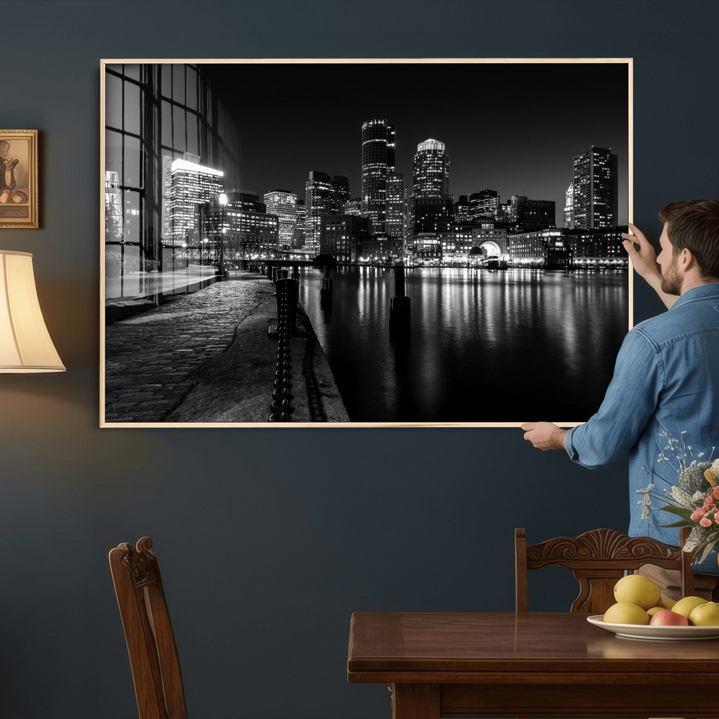 53082656-MGV-CV-36X24 - Boston Wall Art Canvas Print, Boston City Downtown Night Cityscape Print for Modern Urban Wall Decor