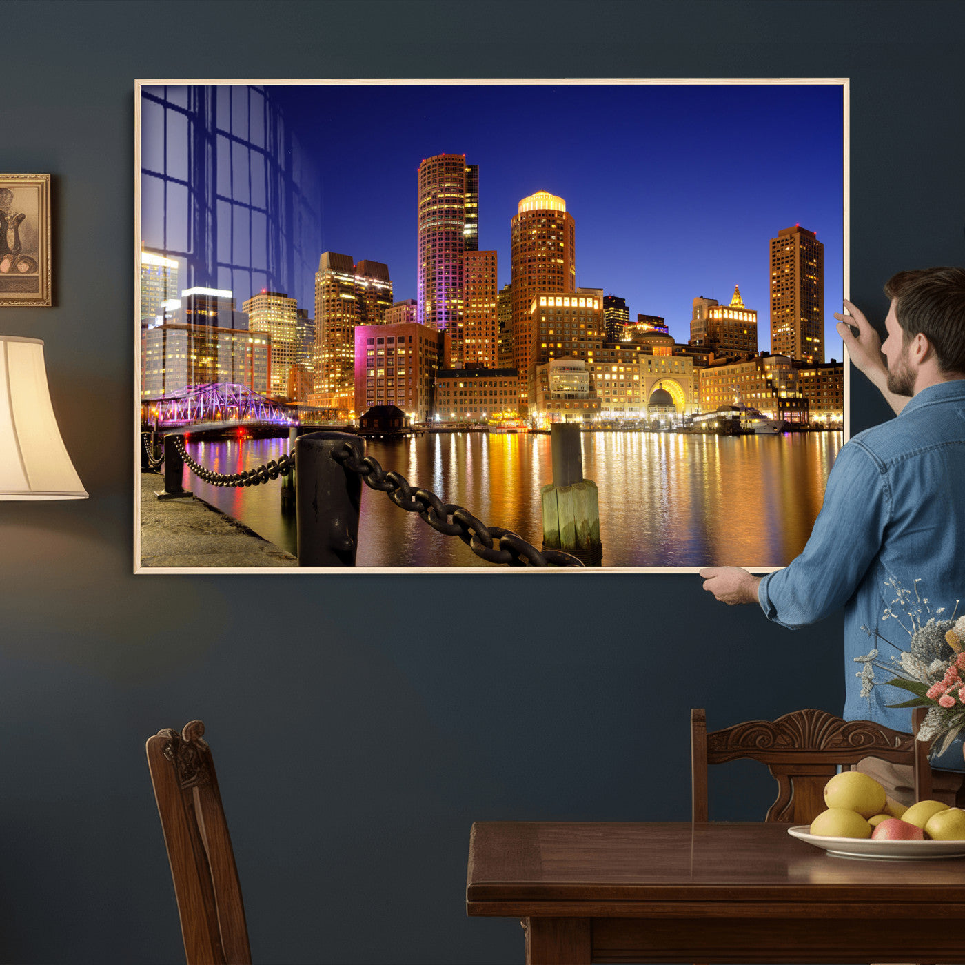 56611117-MGV-CV-36X24 - Boston Wall Art Canvas Print, Boston City Downtown Night Cityscape Print for Modern Urban Wall Decor