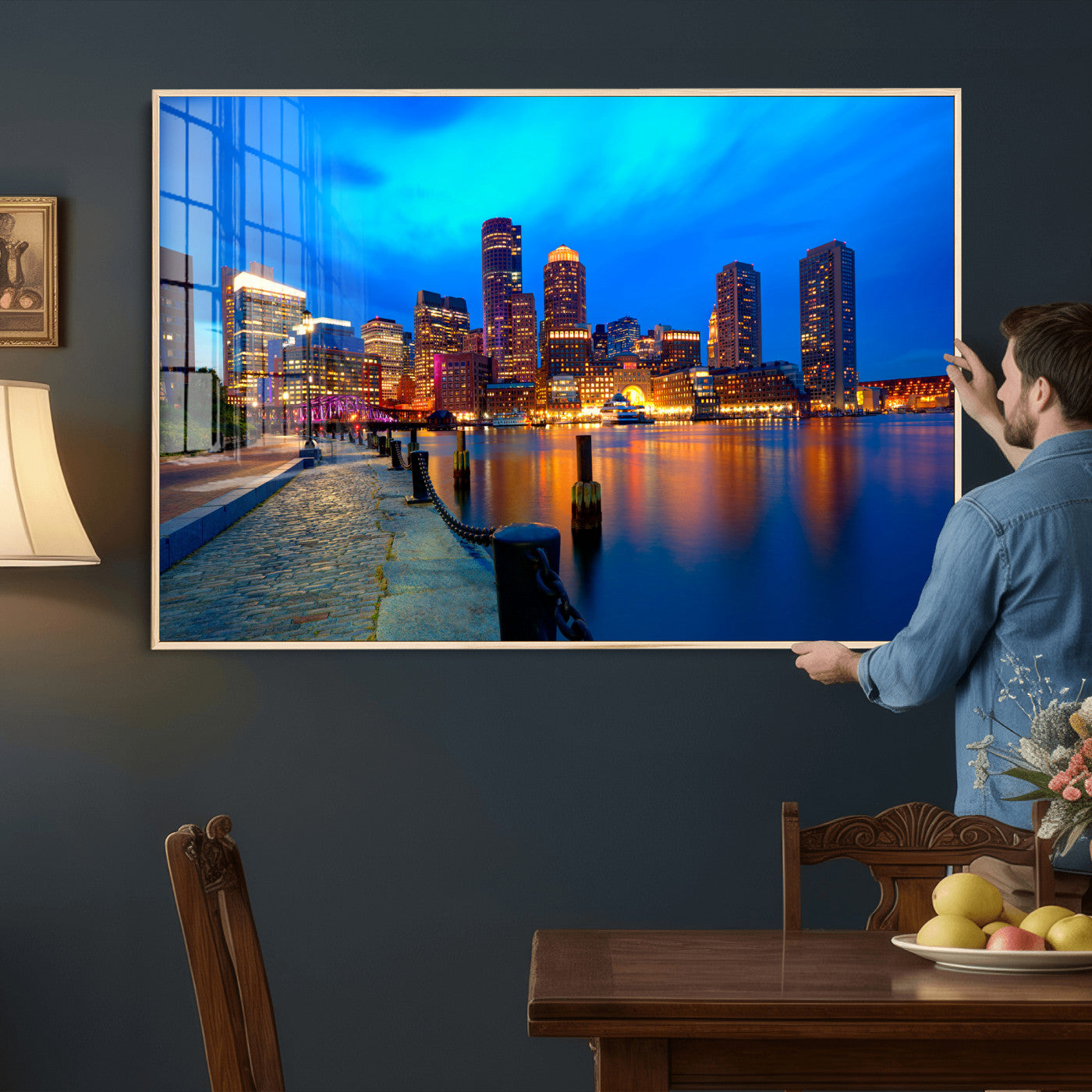 69619565-MGV-CV-36X24 - Boston Wall Art Canvas Print, Boston City Downtown Night Cityscape Print for Modern Urban Wall Decor