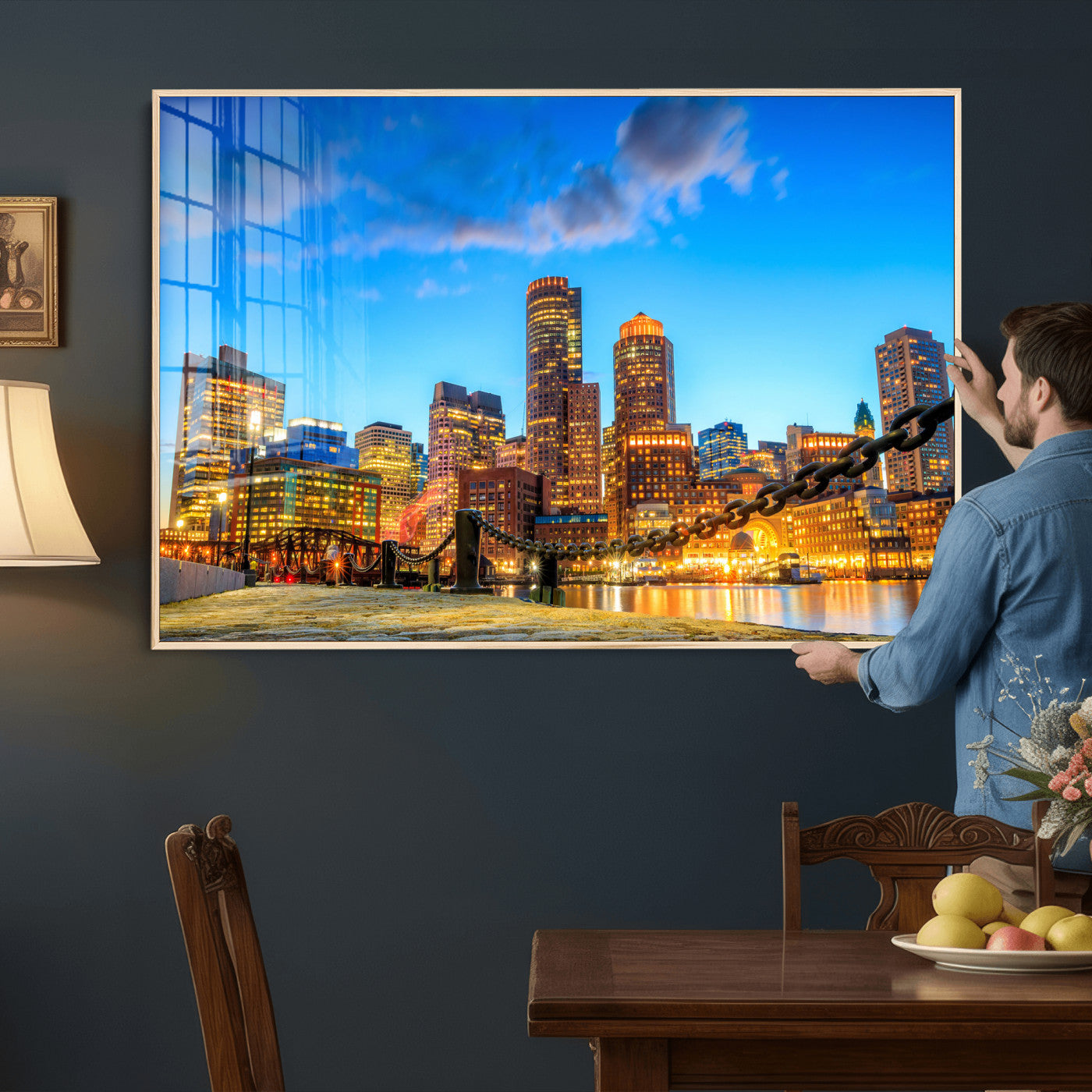 46736409-MGV-CV-36X24 - Boston Wall Art Canvas Print, Boston City Downtown Night Cityscape Print for Modern Urban Wall Decor
