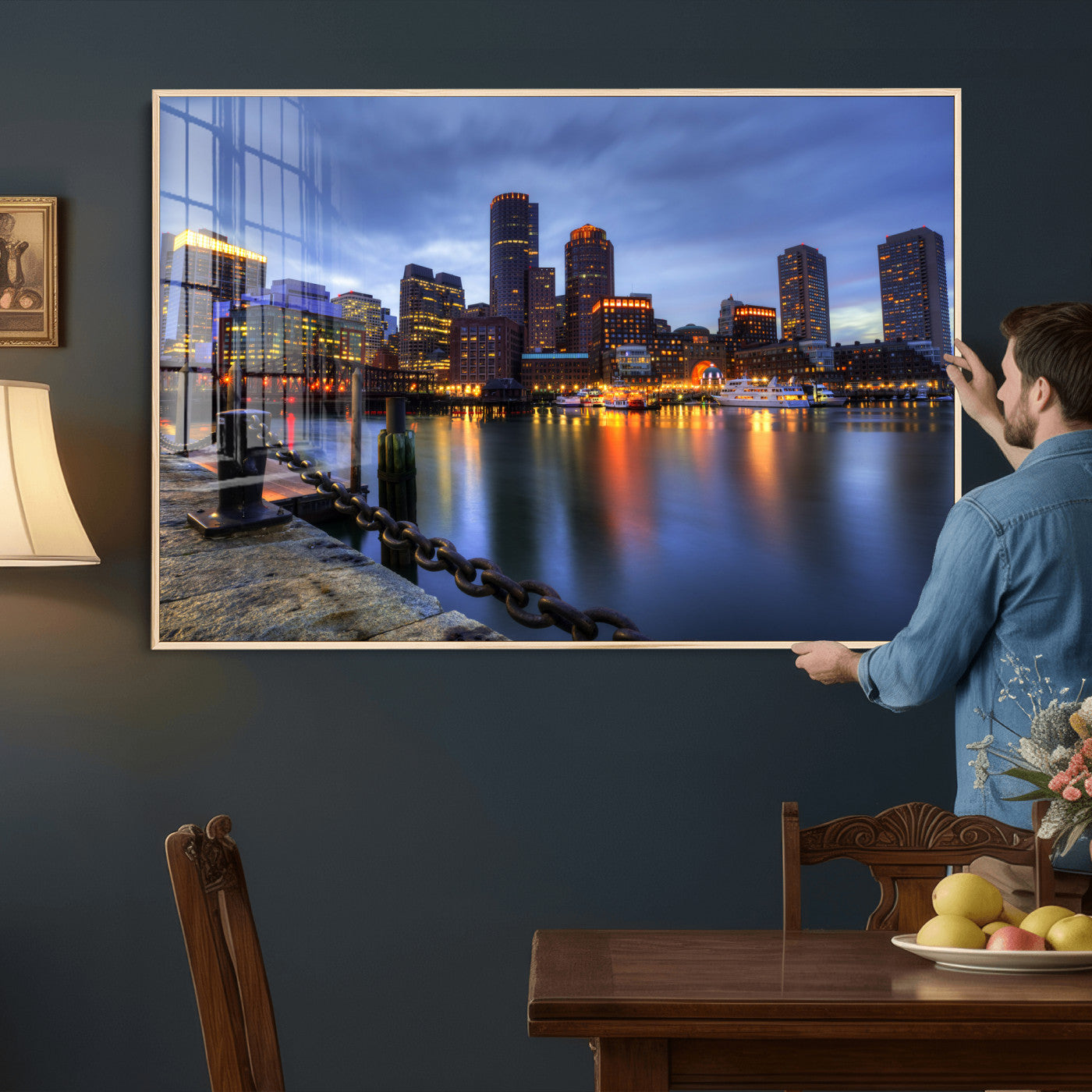 82439622-MGV-CV-36X24 - Boston Wall Art Canvas Print, Boston City Downtown Night Cityscape Print for Modern Urban Wall Decor
