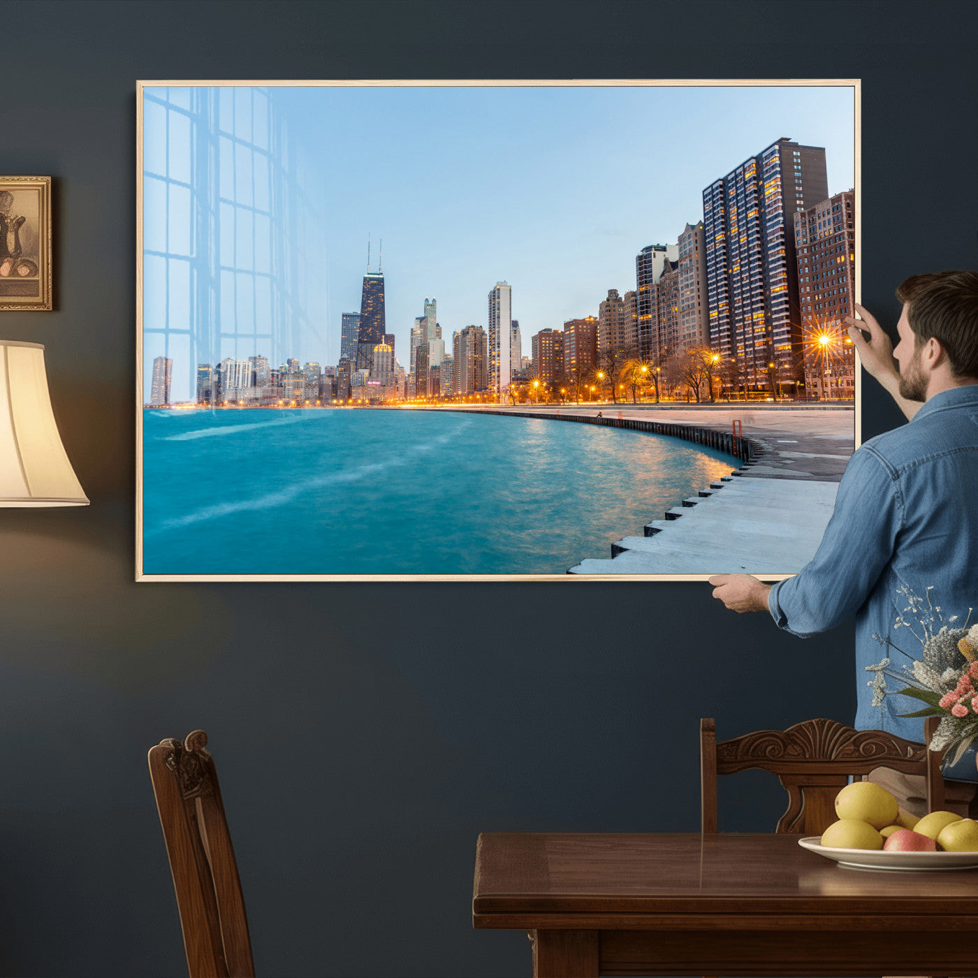 66780141-MGV-CV-36X24 - Chicago Wall Art Canvas Print, Chicago City Downtown Night Cityscape Print for Modern Urban Wall Decor