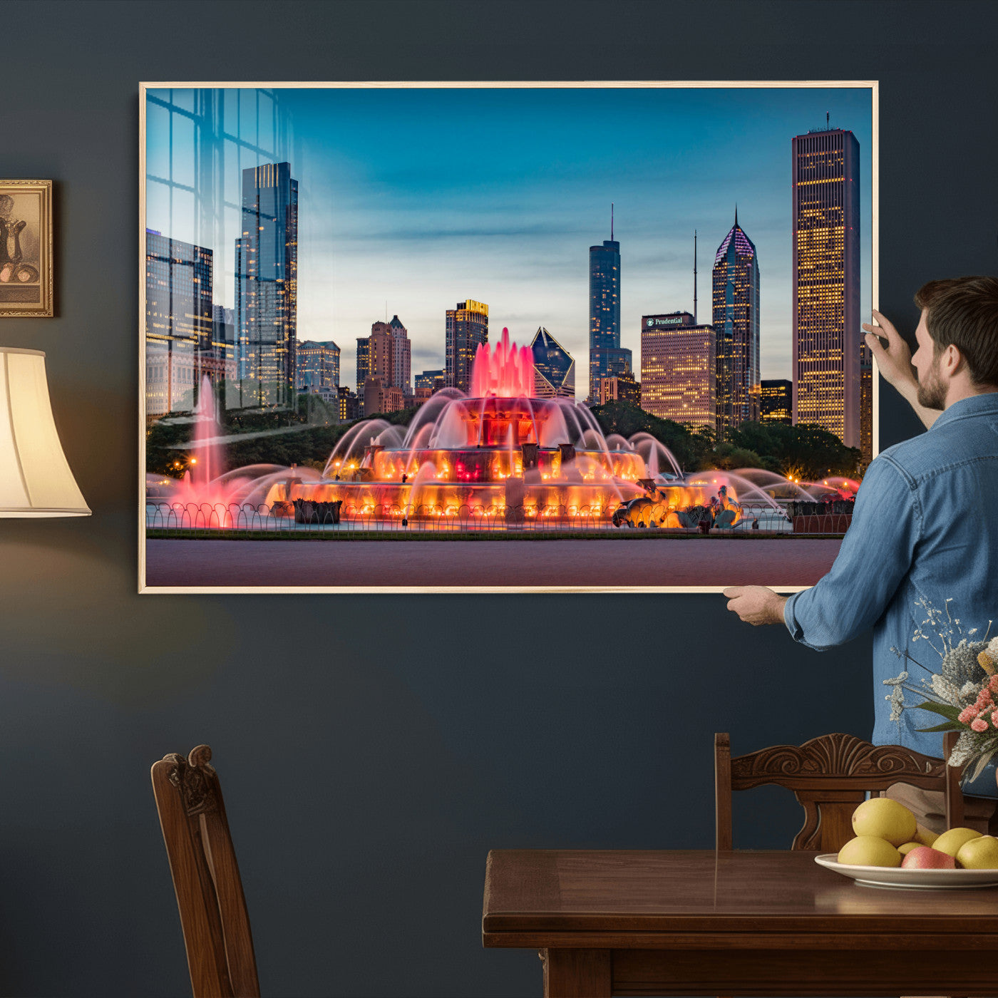 46805285-MGV-CV-36X24 - Chicago Wall Art Canvas Print, Chicago City Downtown Night Cityscape Print for Modern Urban Wall Decor