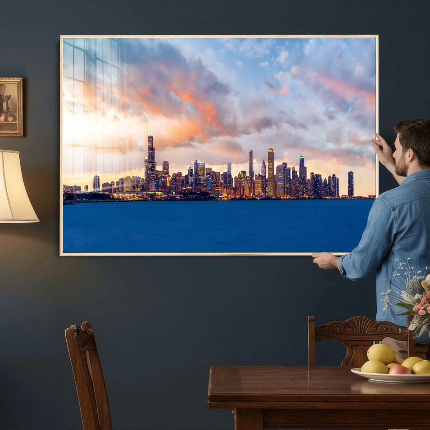 34667960-MGV-CV-36X24 - Chicago Wall Art Canvas Print, Chicago City Downtown Night Cityscape Print for Modern Urban Wall Decor