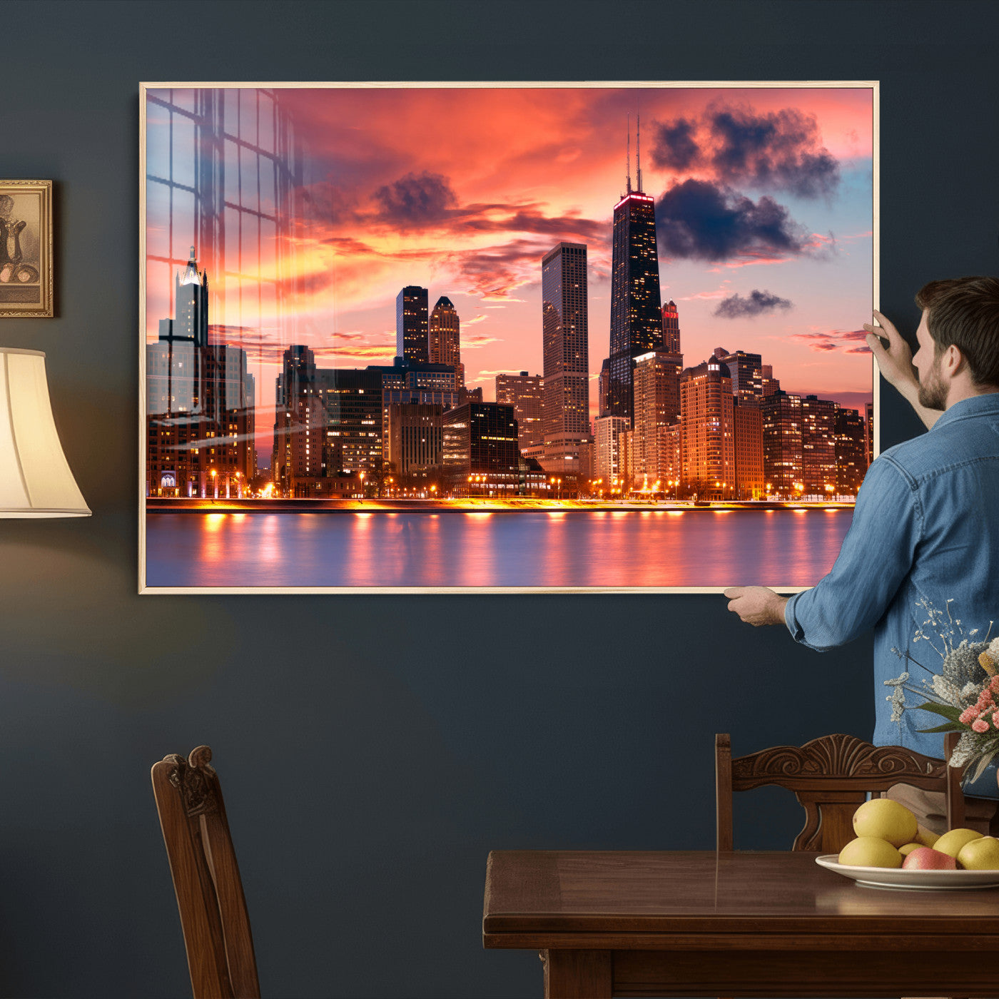 80390109-MGV-CV-36X24 - Chicago Wall Art Canvas Print, Chicago City Downtown Night Cityscape Print for Modern Urban Wall Decor
