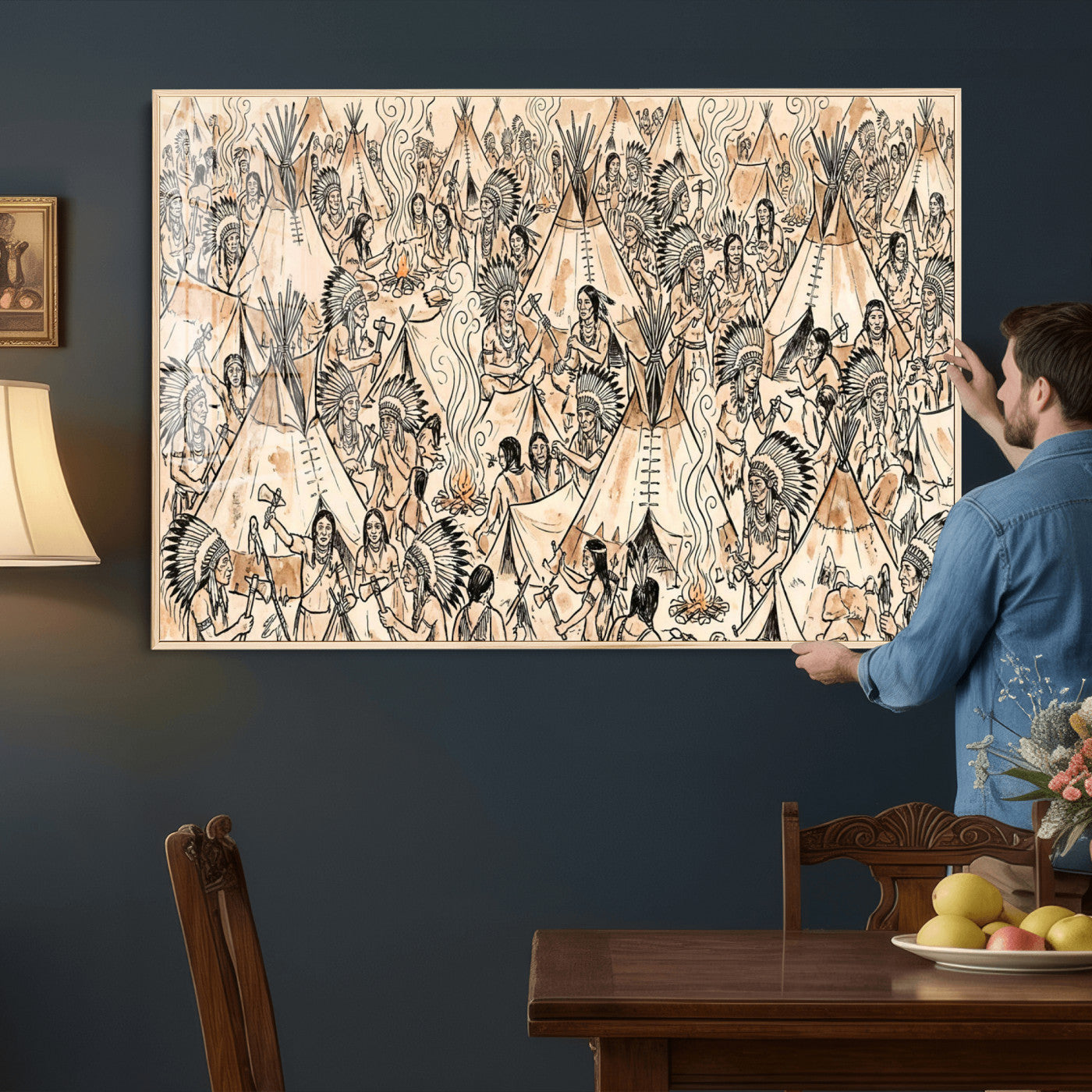 72739176-MGV-CV-36X24 - Farmhouse Animals Wall Art Canvas Print - Abstract Farm Animal Drawing Mid-Century Wall Art for Cabin Decor