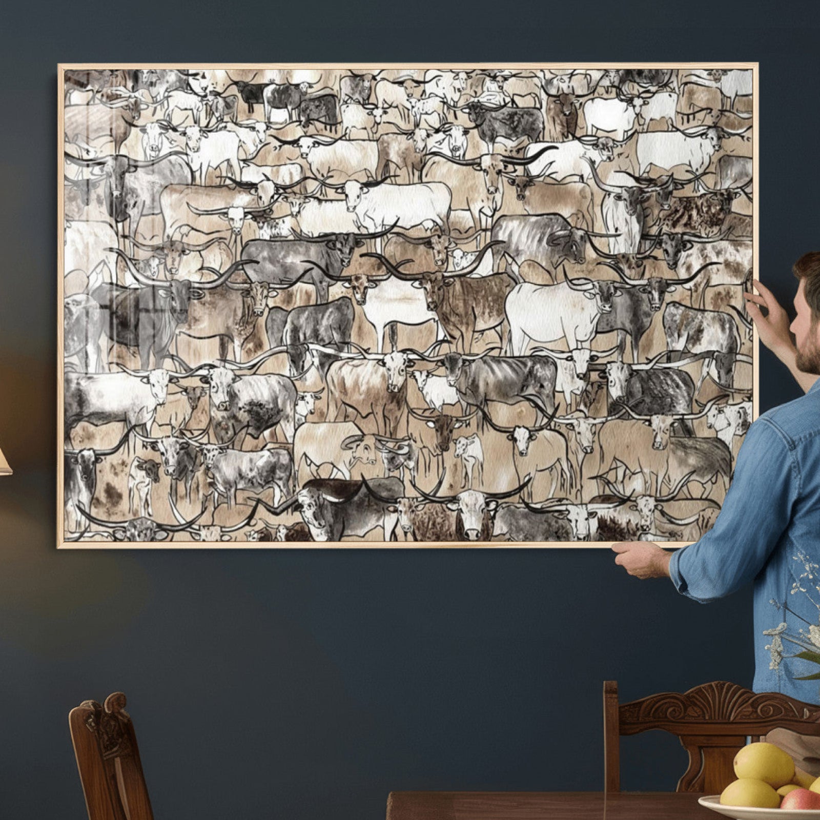 64368752-MGV-CV-36X24 - Farmhouse Animals Wall Art Canvas Print - Abstract Farm Animal Drawing Mid-Century Wall Art for Cabin Decor