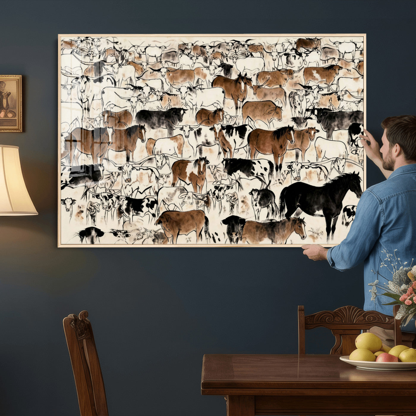 86150485-MGV-CV-36X24 - Farmhouse Animals Wall Art Canvas Print - Abstract Farm Animal Drawing Mid-Century Wall Art for Cabin Decor