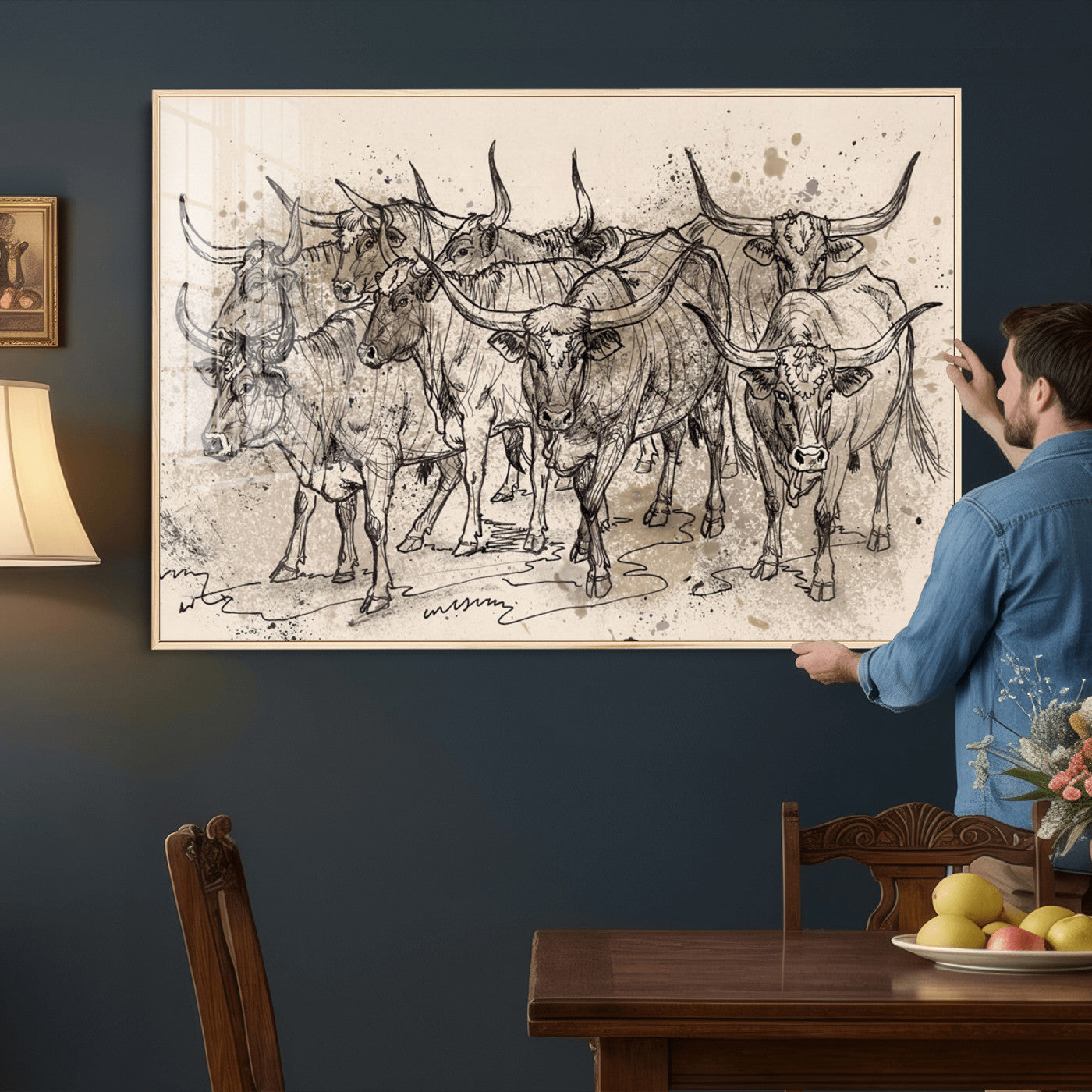 74232558-MGV-CV-36X24 - Farmhouse Animals Wall Art Canvas Print - Abstract Farm Animal Drawing Mid-Century Wall Art for Cabin Decor