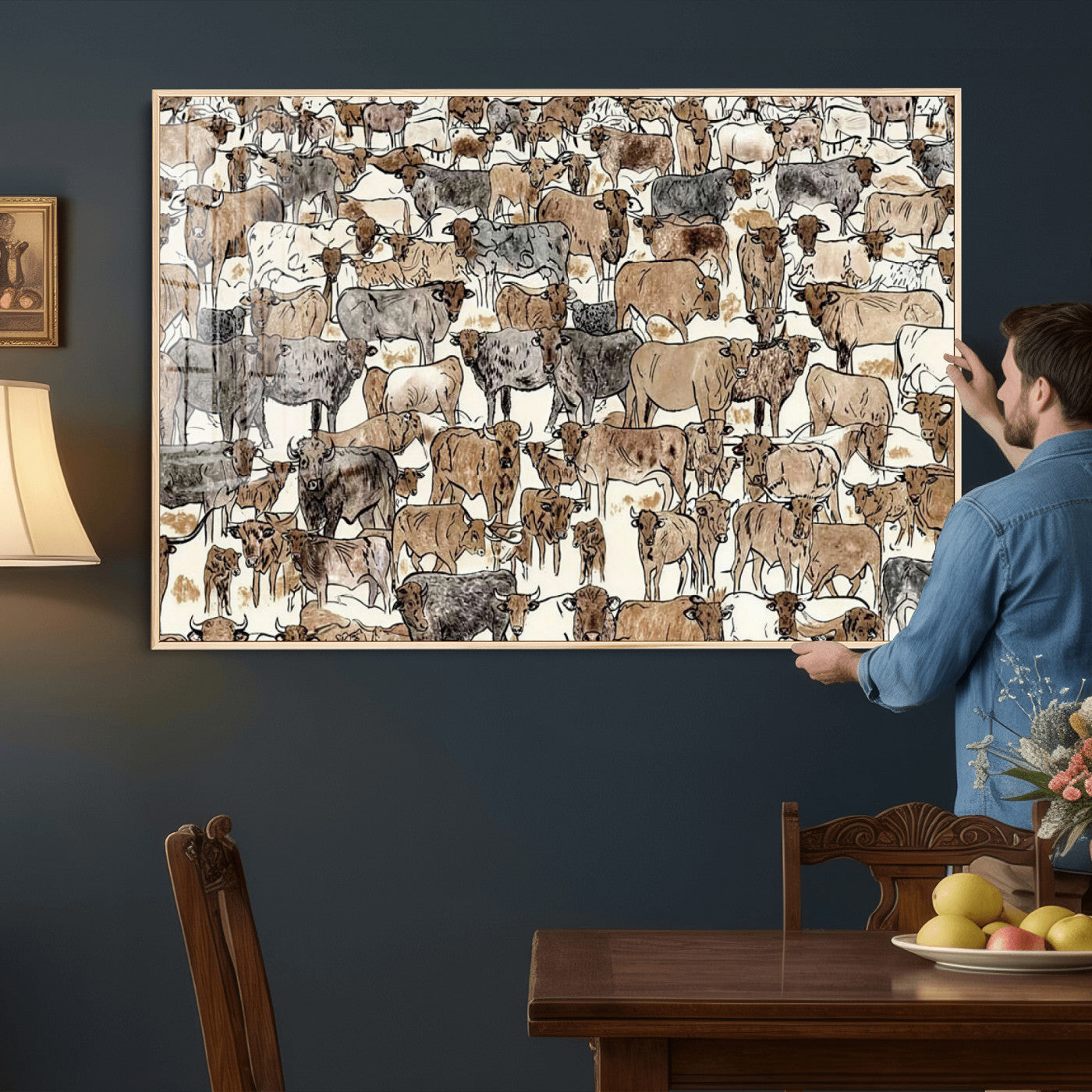 76902119-MGV-CV-36X24 - Farmhouse Animals Wall Art Canvas Print - Abstract Farm Animal Drawing Mid-Century Wall Art for Cabin Decor