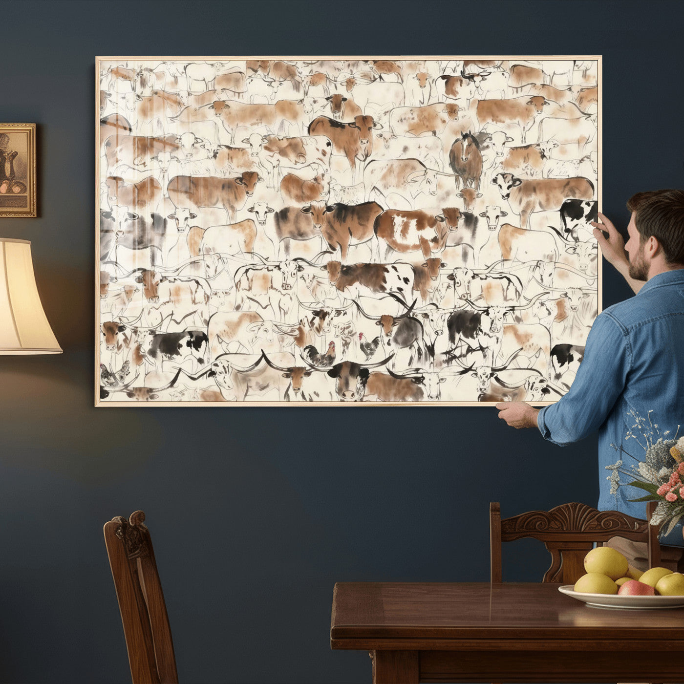 69961368-MGV-CV-36X24 - Farmhouse Animals Wall Art Canvas Print - Abstract Farm Animal Drawing Mid-Century Wall Art for Cabin Decor