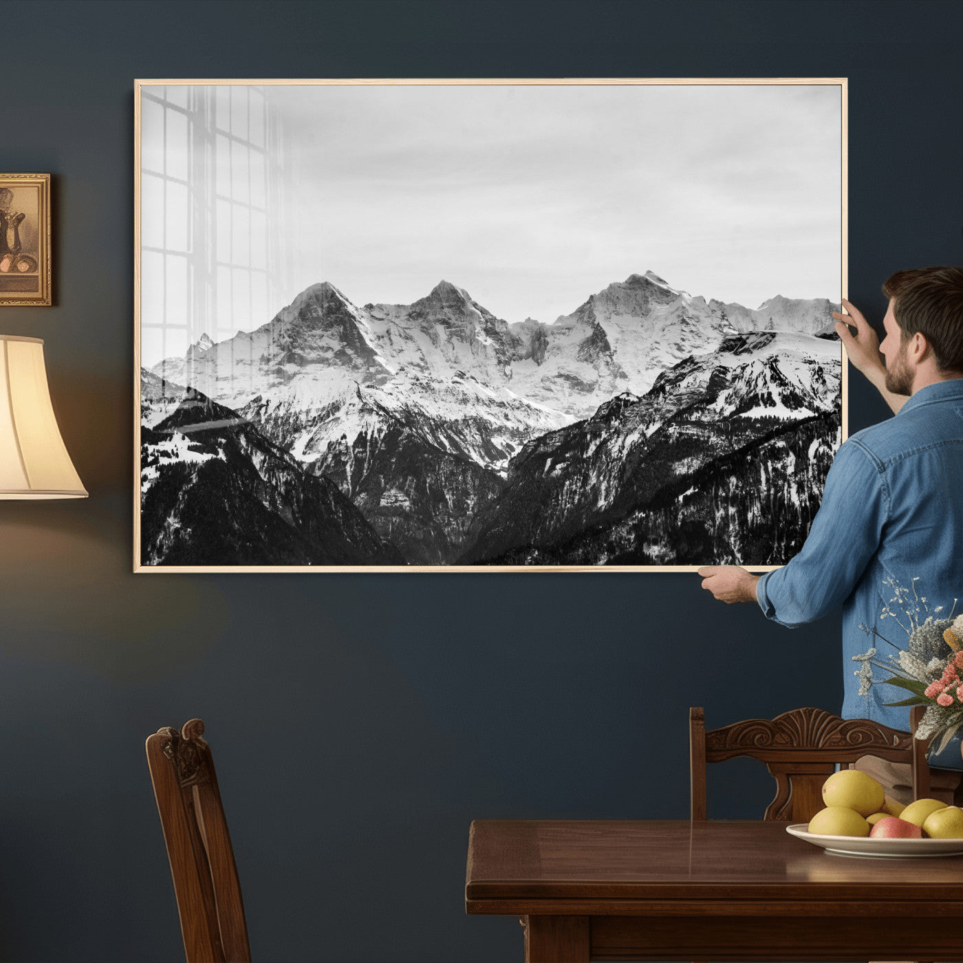 85684934-MGV-CV-36X24 - Black and White Mountain Wall Art Canvas Print, Snowy Alpine Peaks Landscape Photography, Minimal Monochrome Mountain Art, Scenic Nature Wall Decor