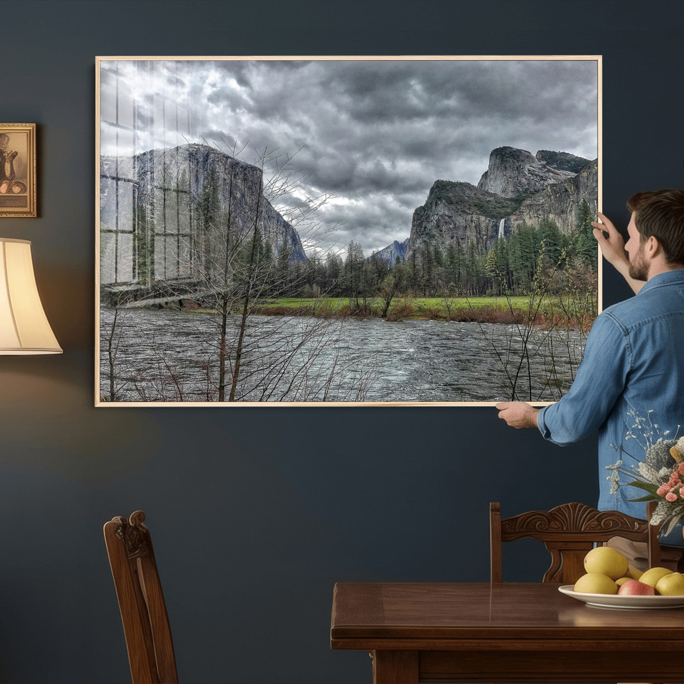 75582552-MGV-CV-36X24 - Yosemite Valley River Landscape Wall Art Canvas Print, Granite Cliffs Forest River Canvas Print, California National Park Moody Scenic Art Printi