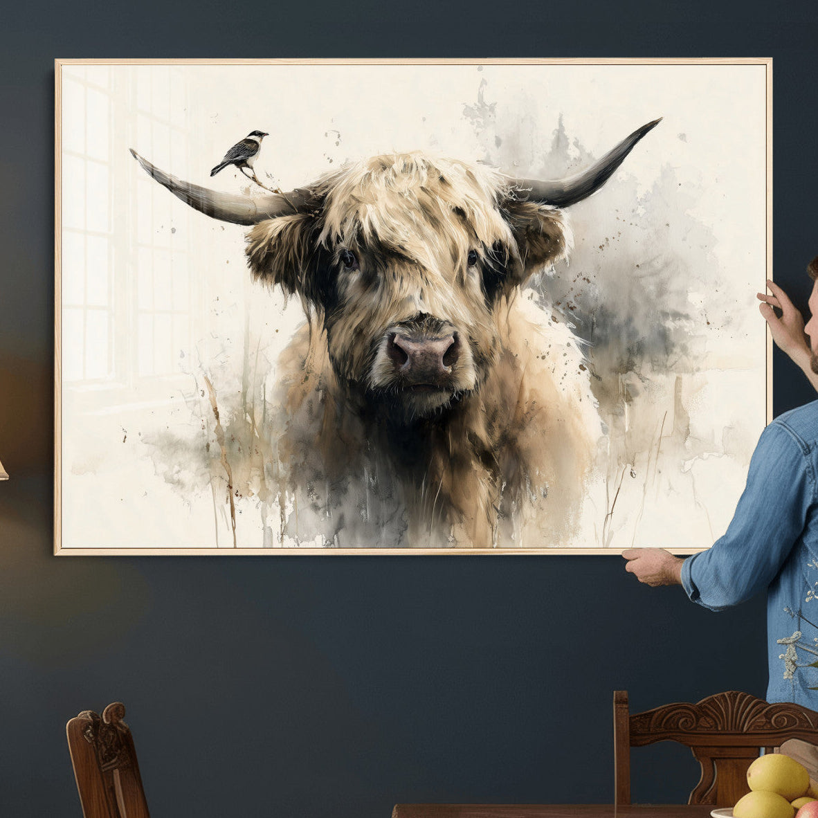 98249290-MGV-CV-36X24 - Abstract Highland Cow Watercolor Animal Wall Art Canvas Print, Rustic Farm Cattle Portrait Canvas Print, Neutral Wildlife Farmhouse Art Printing