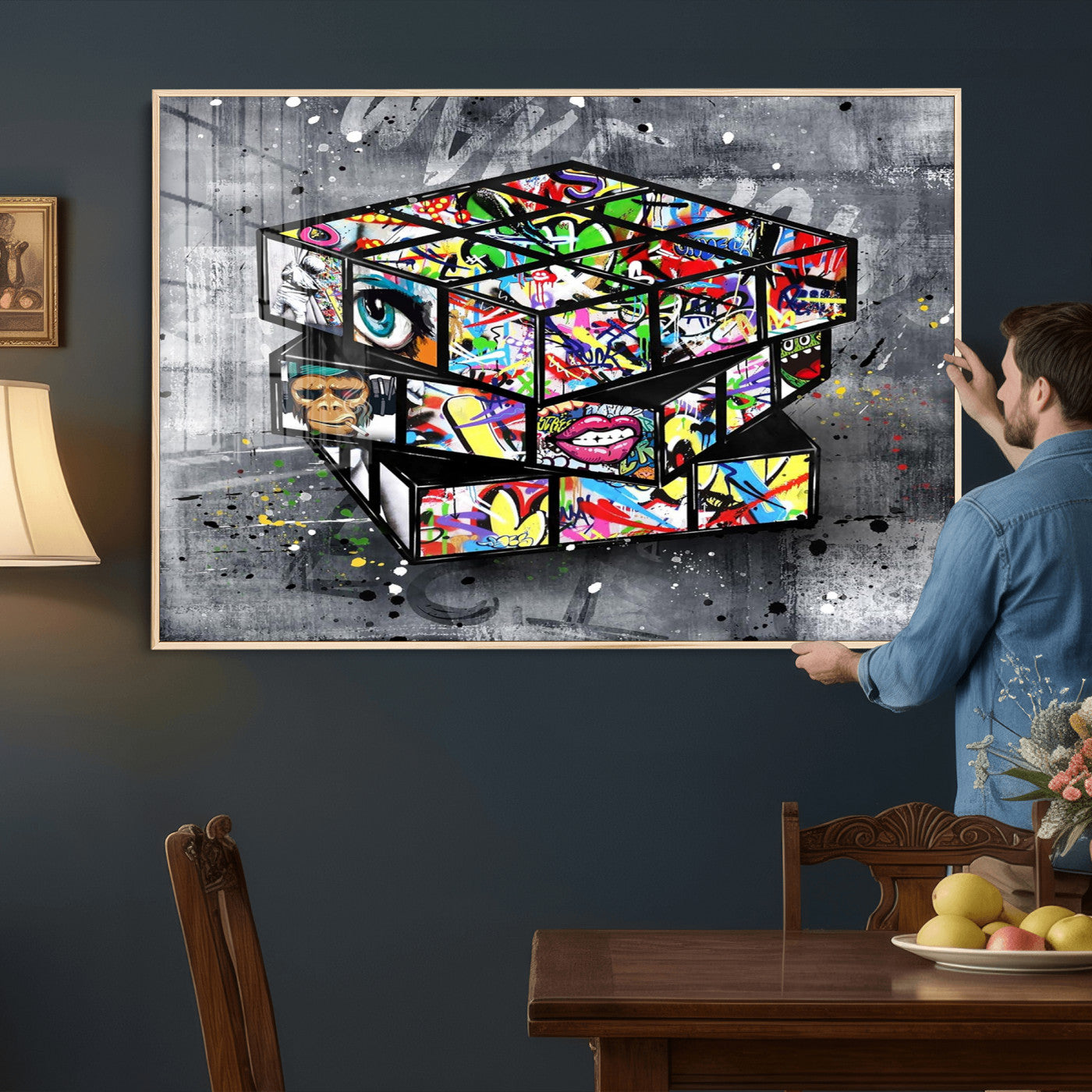 46789556-MGV-CV-36X24 - Graffiti Cube Abstract Street Art Wall Art Canvas Print, Colorful Urban Pop Art Geometric Canvas Print, Modern Street Art Contemporary Art Printing