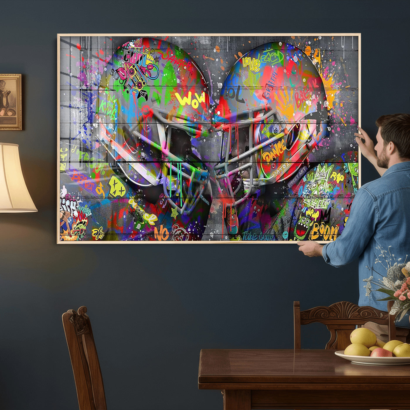 15309853-MGV-CV-36X24 - Graffiti Football Helmets Wall Art Canvas Print, Urban Street Art Sports Decor, Colorful American Football Graffiti Artwork