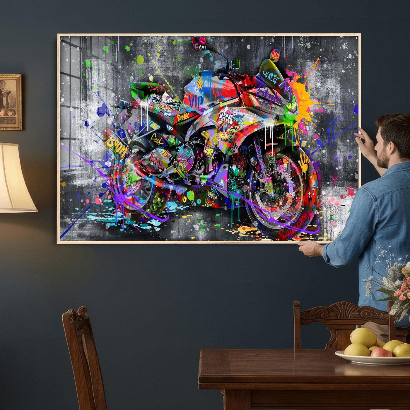 83021767-MGV-CV-36X24 - Graffiti Motorcycle Wall Art Canvas Print, Urban Street Art Motorbike Decor, Colorful Graffiti Sports Bike Artwork