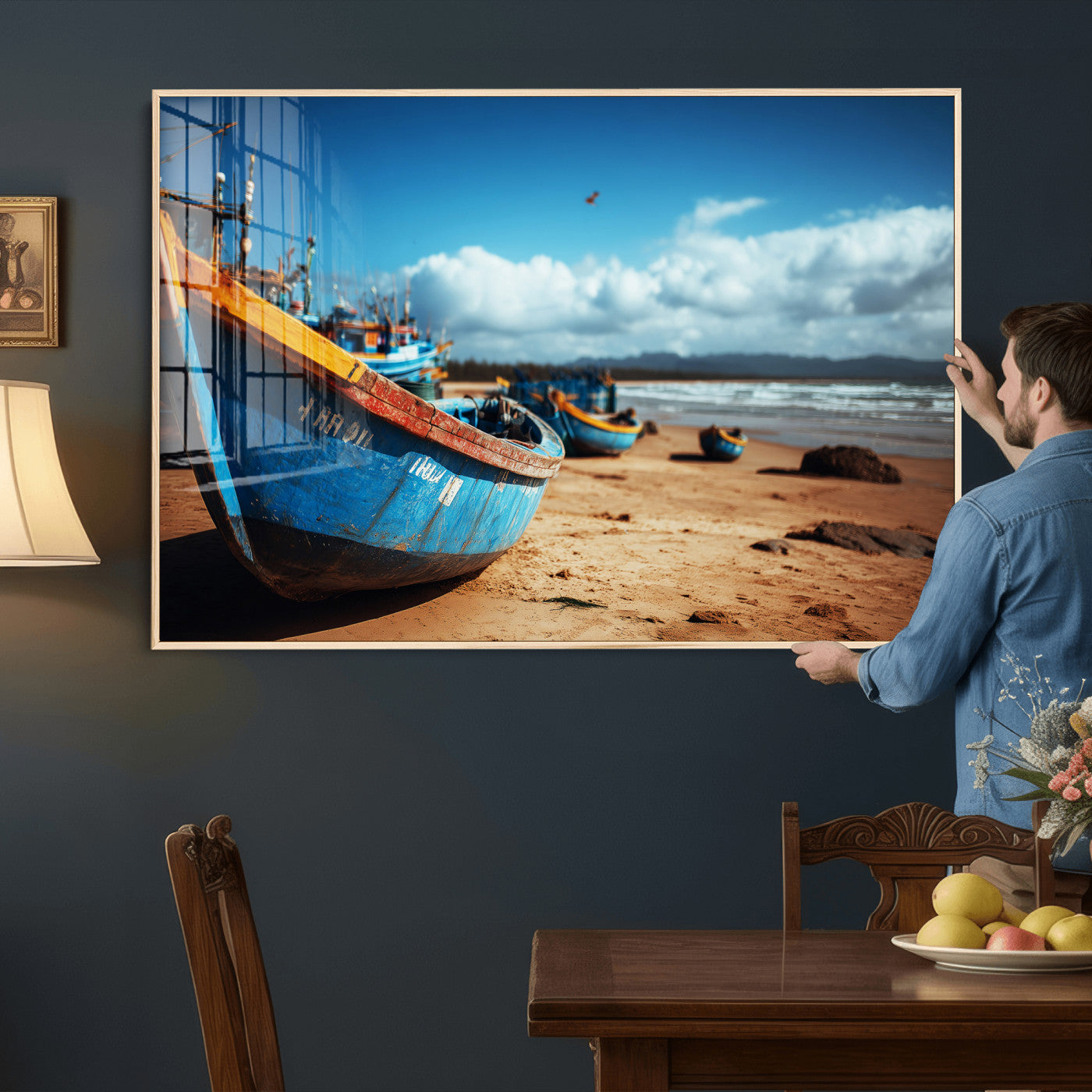 70925201-MGV-CV-36X24 - Fishing Boats Wall Art Canvas Print, Coastal Boat Beach Scene, Nautical Seaside Artwork, Ocean Shore Decor, Coastal Home Wall Art