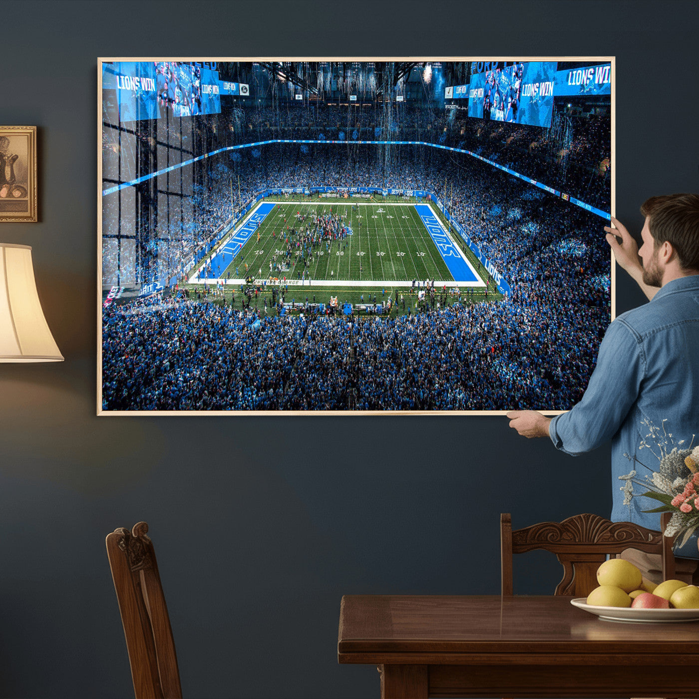 80882005-MGV-CV-36X24 - Detroit Lions Stadium Wall Art Canvas Print, Football Field Panorama Artwork, NFL Game Night Stadium Decor