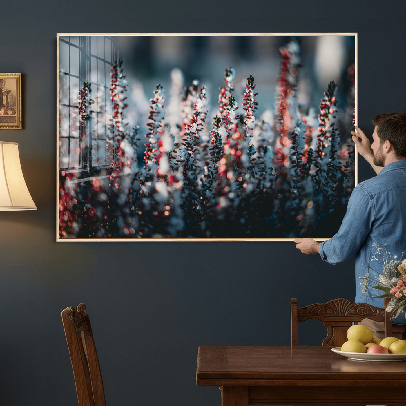 82063935-MGV-CV-36X24 - Winter Heather Wall Art Canvas Print, Frosted Floral Nature Art, Moody Botanical Wall Decor