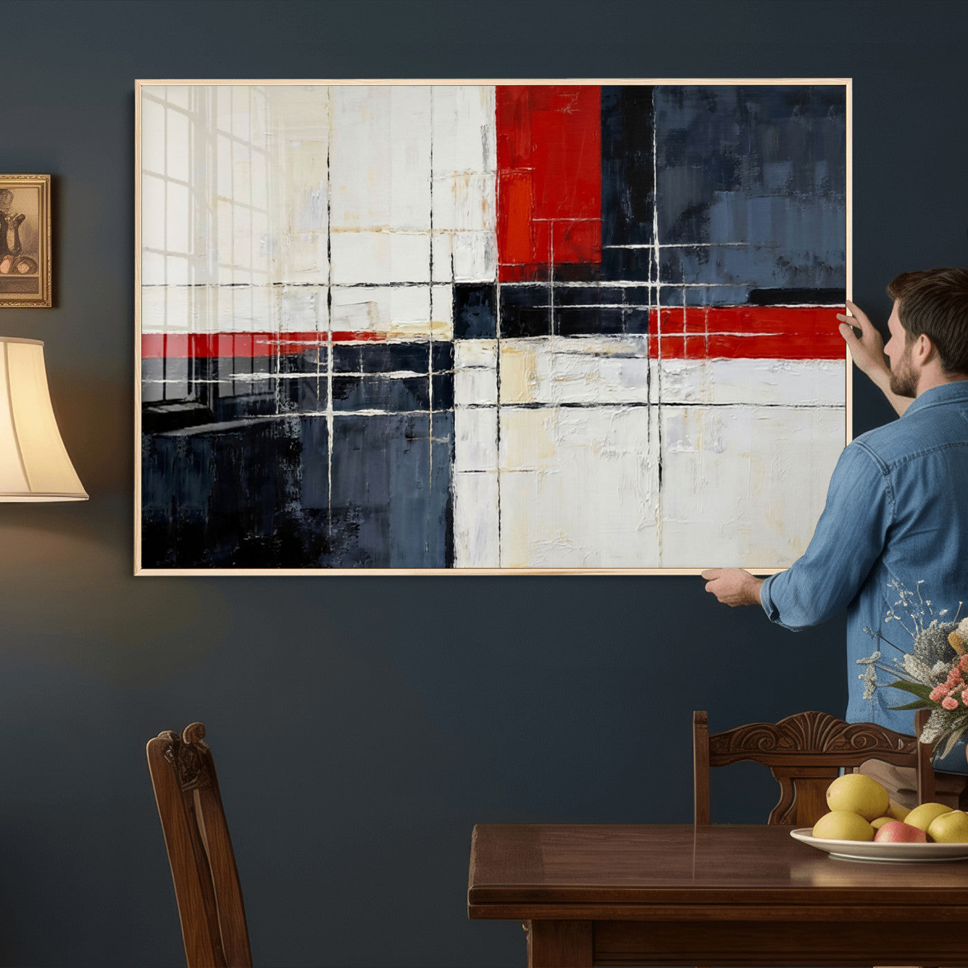 44088165-MGV-CV-36X24 - Navy Red Abstract Wall Art Canvas Print, Modern Luxury Geometric Painting Wall Decor for Living Room and Office