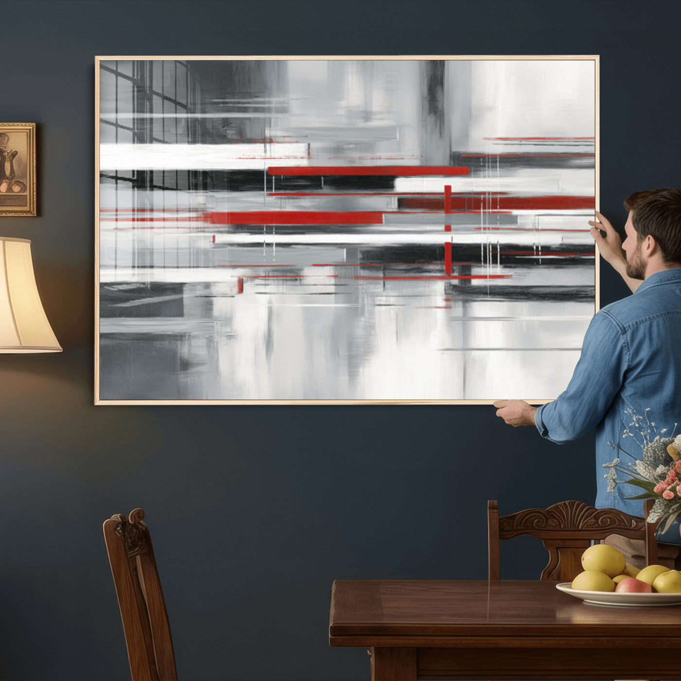 62640681-MGV-CV-36X24 - Gray Red Abstract Wall Art Canvas Print, Modern Abstract Canvas Wall Decor for Contemporary Living Room and Office