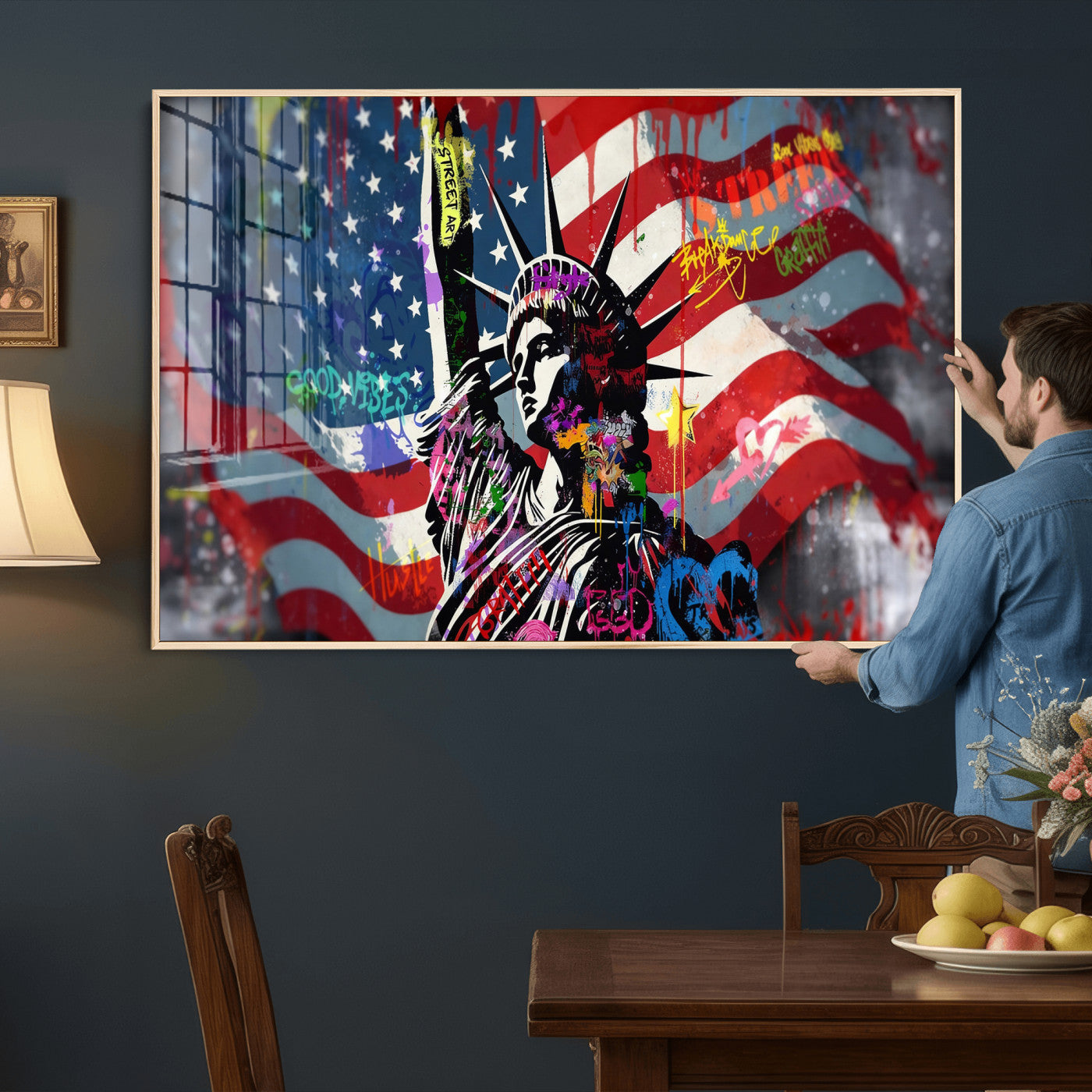 32151941-MGV-CV-36X24 - USA Statue of Liberty Graffiti Street Art Wall Art Canvas Print, American Flag Urban Pop Art Canvas Print, Modern Patriotic Street Art Contemporary Art Printing