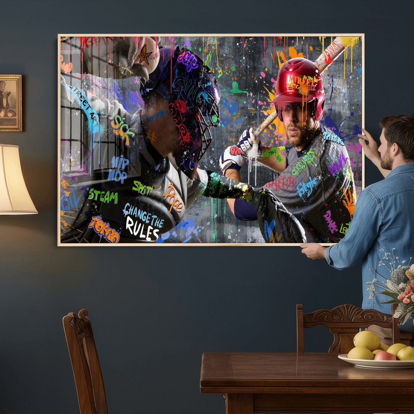 19634994-MGV-CV-36X24 - Graffiti Baseball Player Street Art Wall Art Canvas Print, Urban Sports Pop Art Baseball Canvas Print, Modern Athletic Graffiti Contemporary Art Printing
