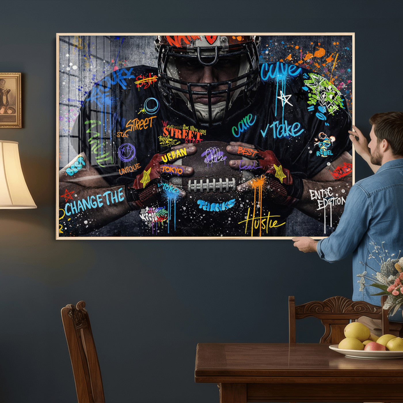 55267256-MGV-CV-36X24 - Graffiti American Football Player Street Art Wall Art Canvas Print, Urban Sports Pop Art Football Canvas Print, Modern Athletic Graffiti Contemporary Art Printing