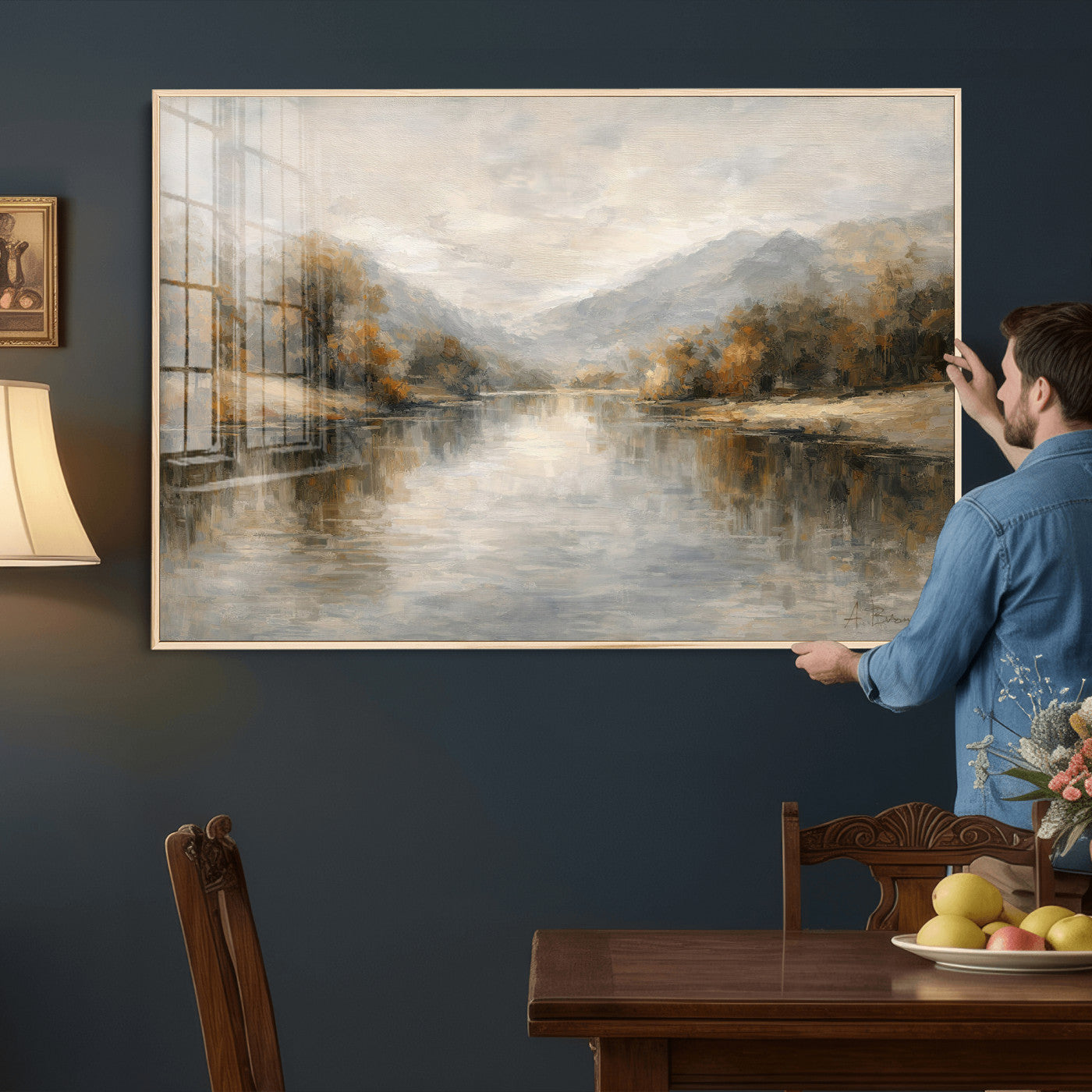 29251761-MGV-CV-36X24 - Neutral Abstract River Landscape Wall Art Canvas Print, Modern Minimal Nature Reflection Canvas Print, Beige Gray Contemporary Mountain Art Printing