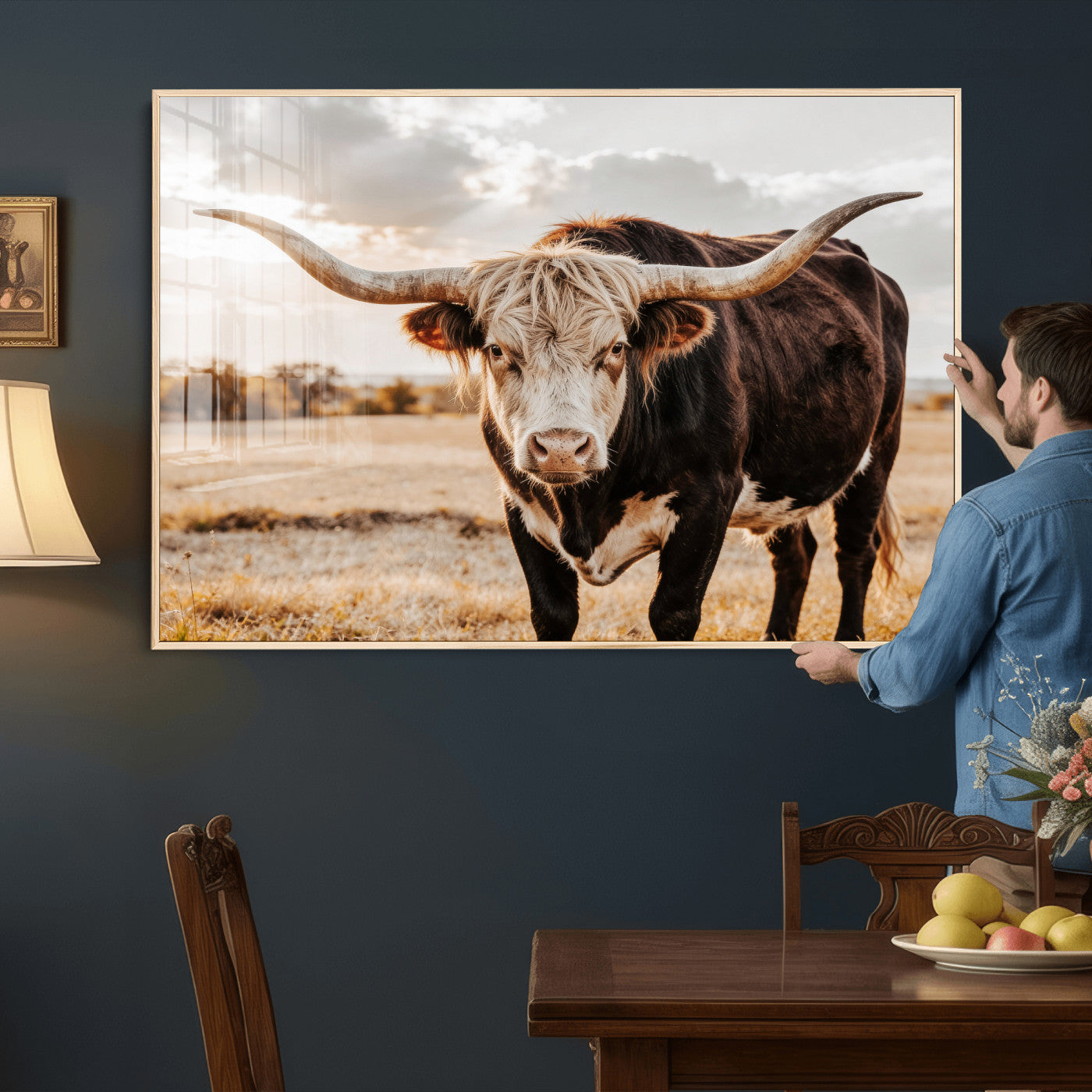 88230279-MGV-CV-36X24 - Texas Longhorn Bull Rustic Wall Art Canvas Print, Western Cattle Photography Canvas Print, Ranch Farm Animal Western Art Printing