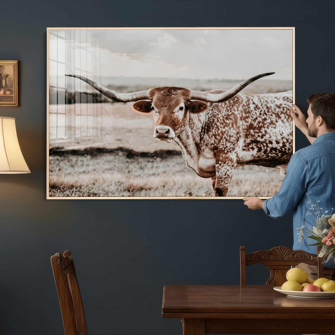73897046-MGV-CV-36X24 - Texas Longhorn Bull Rustic Wall Art Canvas Print, Western Cattle Photography Canvas Print, Ranch Farm Animal Western Art Printing
