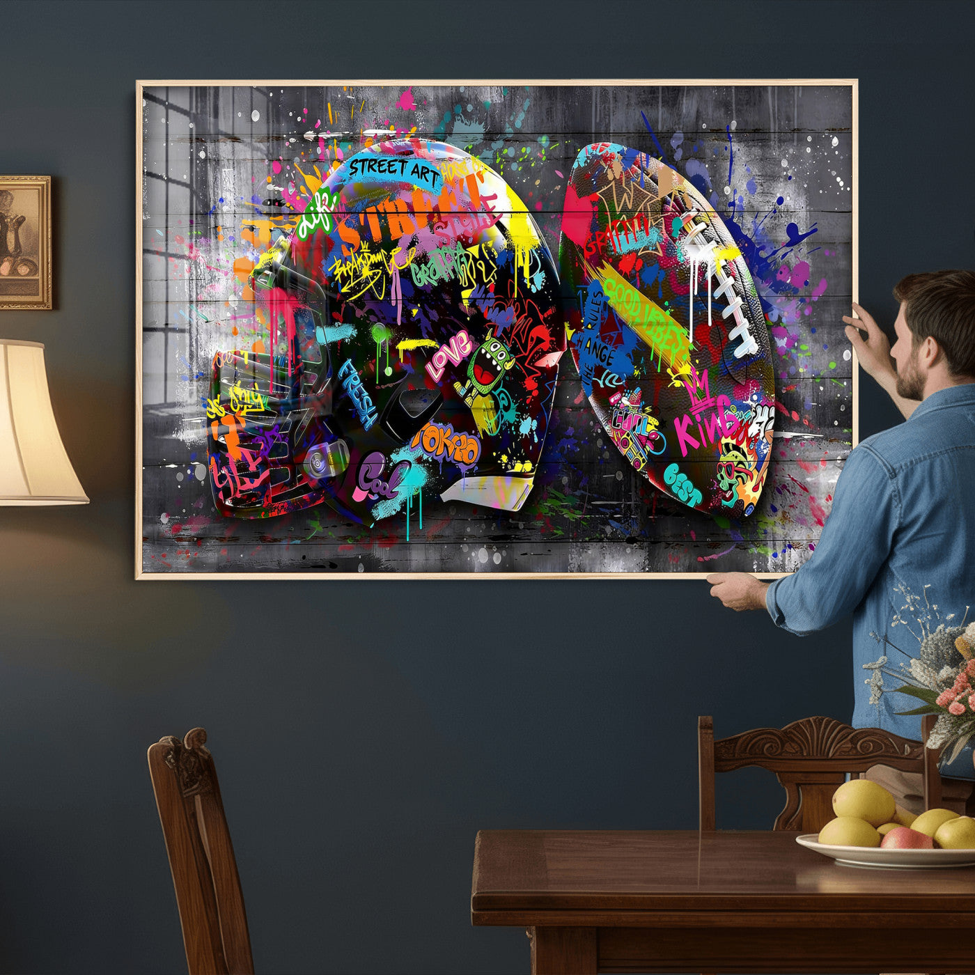 80540773-MGV-CV-36X24 - Graffiti American Football Helmet Street Art Wall Art Canvas Print, Urban Sports Pop Art Football Canvas Print, Colorful Graffiti Sports Contemporary Art Printing