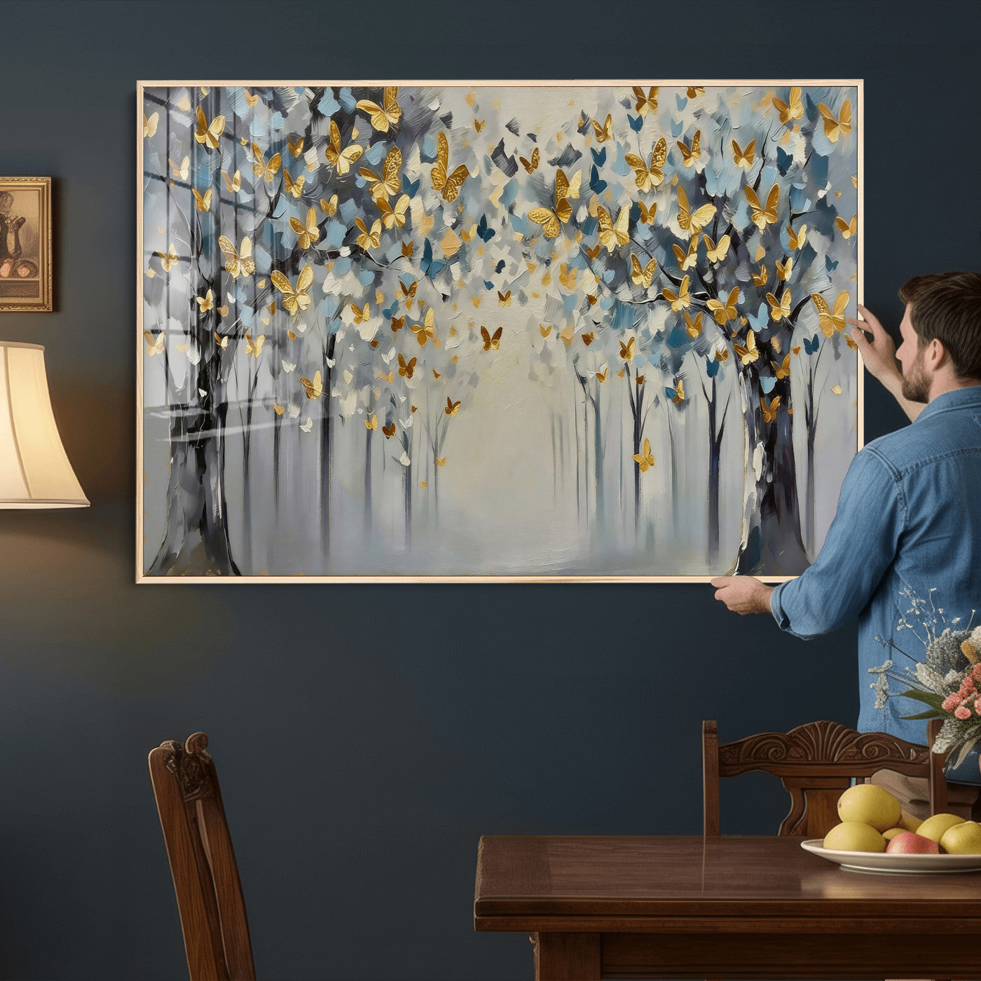 79208191-MGV-CV-36X24 - Golden Butterfly Tree Abstract Wall Art Canvas Print, Modern Elegant Nature Painting Canvas Print, Blue Gold Contemporary Floral Art Printing