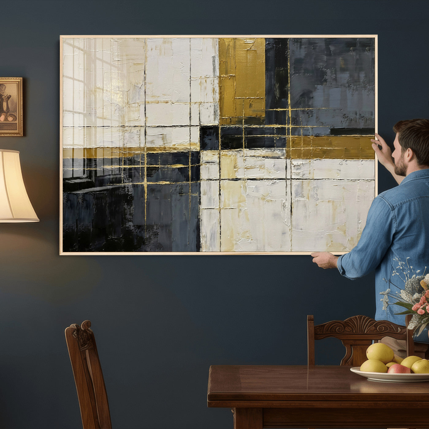 36097945-MGV-CV-36X24 - Abstract Gold and Black Wall Art Canvas Print – Modern Geometric Neutral Artwork for Living Room Decor
