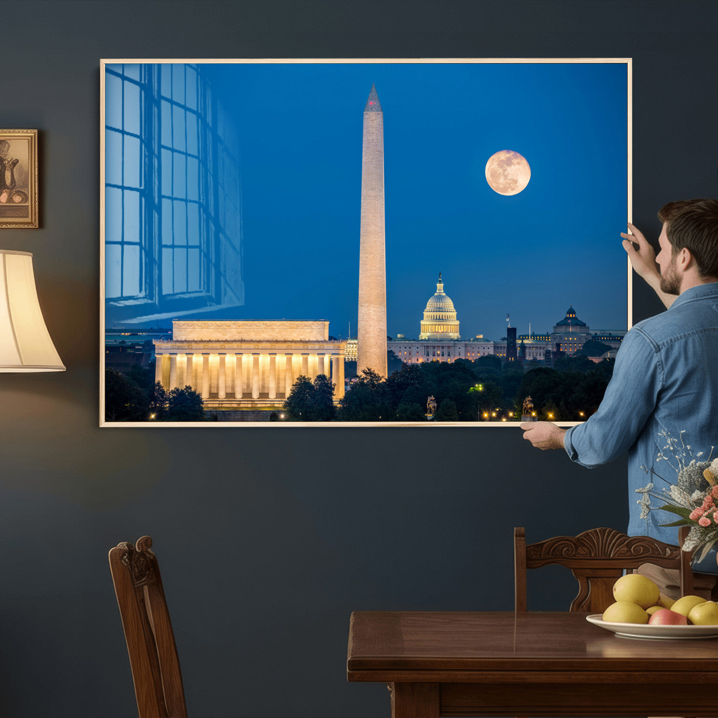 96712946-MGV-CV-36X24 - Washington DC Skyline Wall Art Canvas Print – Lincoln Memorial, Washington Monument and US Capitol Night Cityscape Artwork