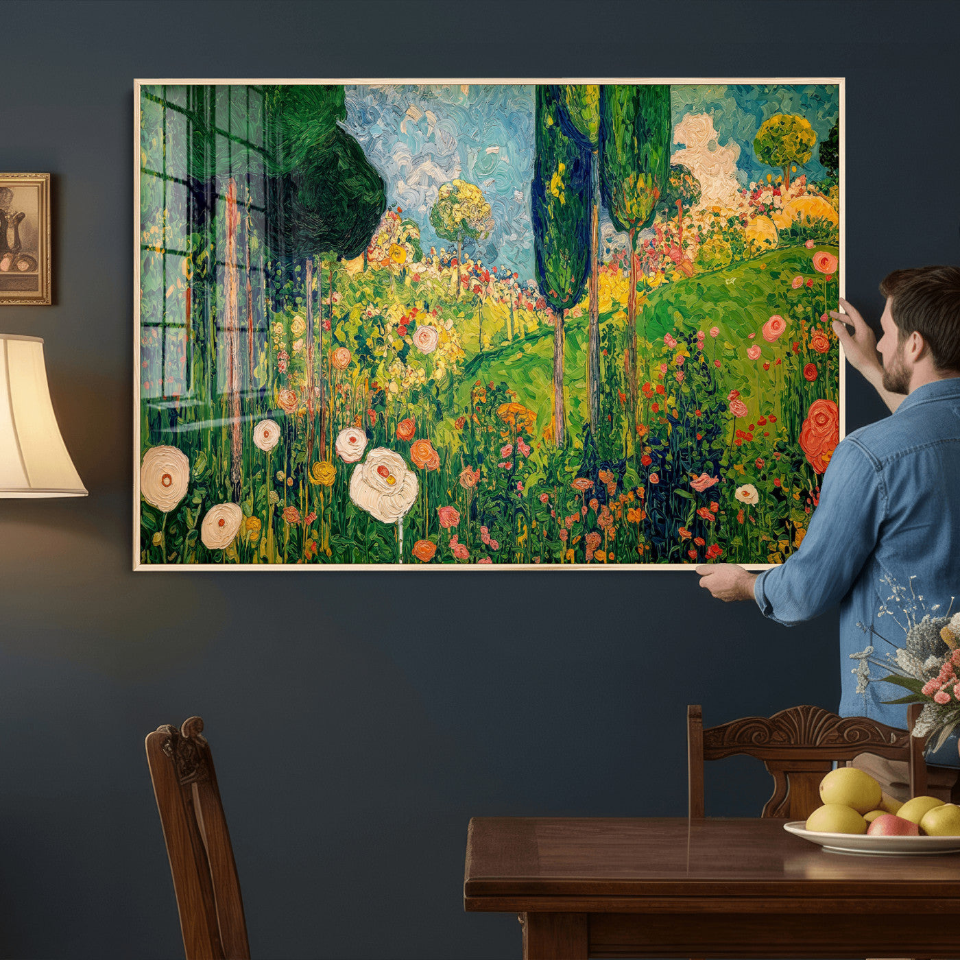 83517974-MGV-CV-36X24 - Gustav Klimt Boho Mountain Landscape Large Wall Art, Horizontal Gold Framed Canvas Print with Sun and Flowers